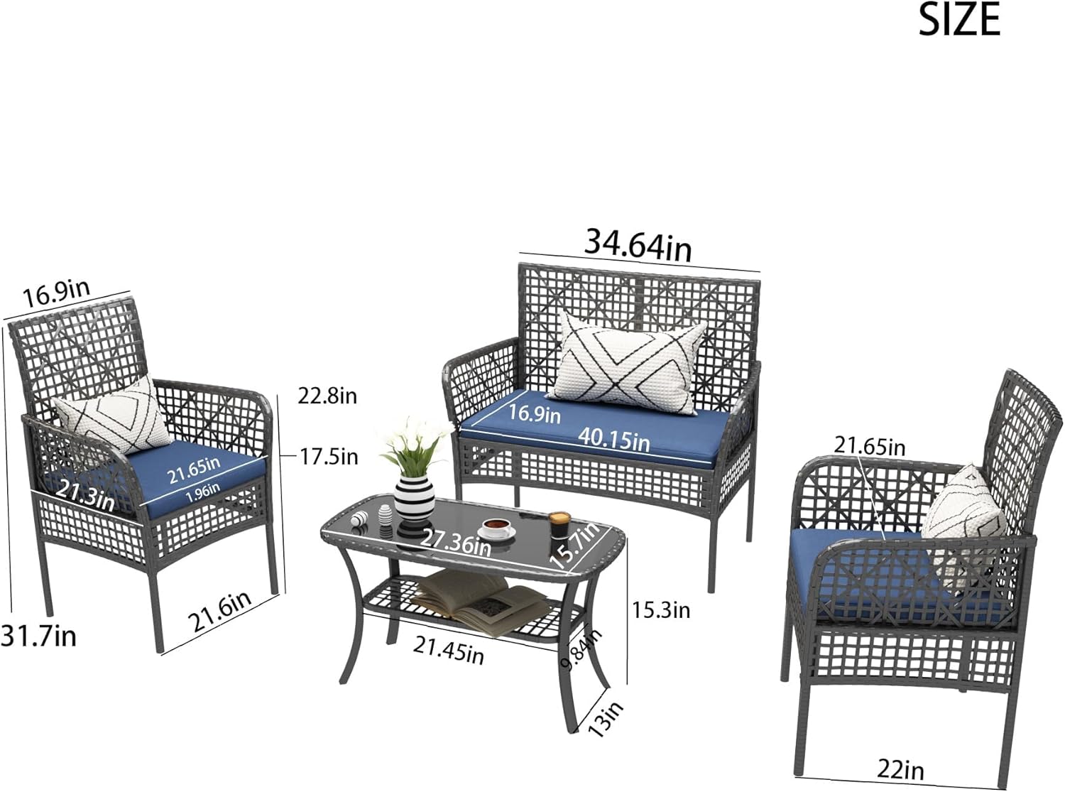 4 Piece Outdoor Patio Furniture Set - Patio Conversation Sets with 3 Pe Rattan Wicke Chairs and Tempered Glass Table, Wicker Patio Furniture with Soft Cushions for Backyard, Garden (Blue)