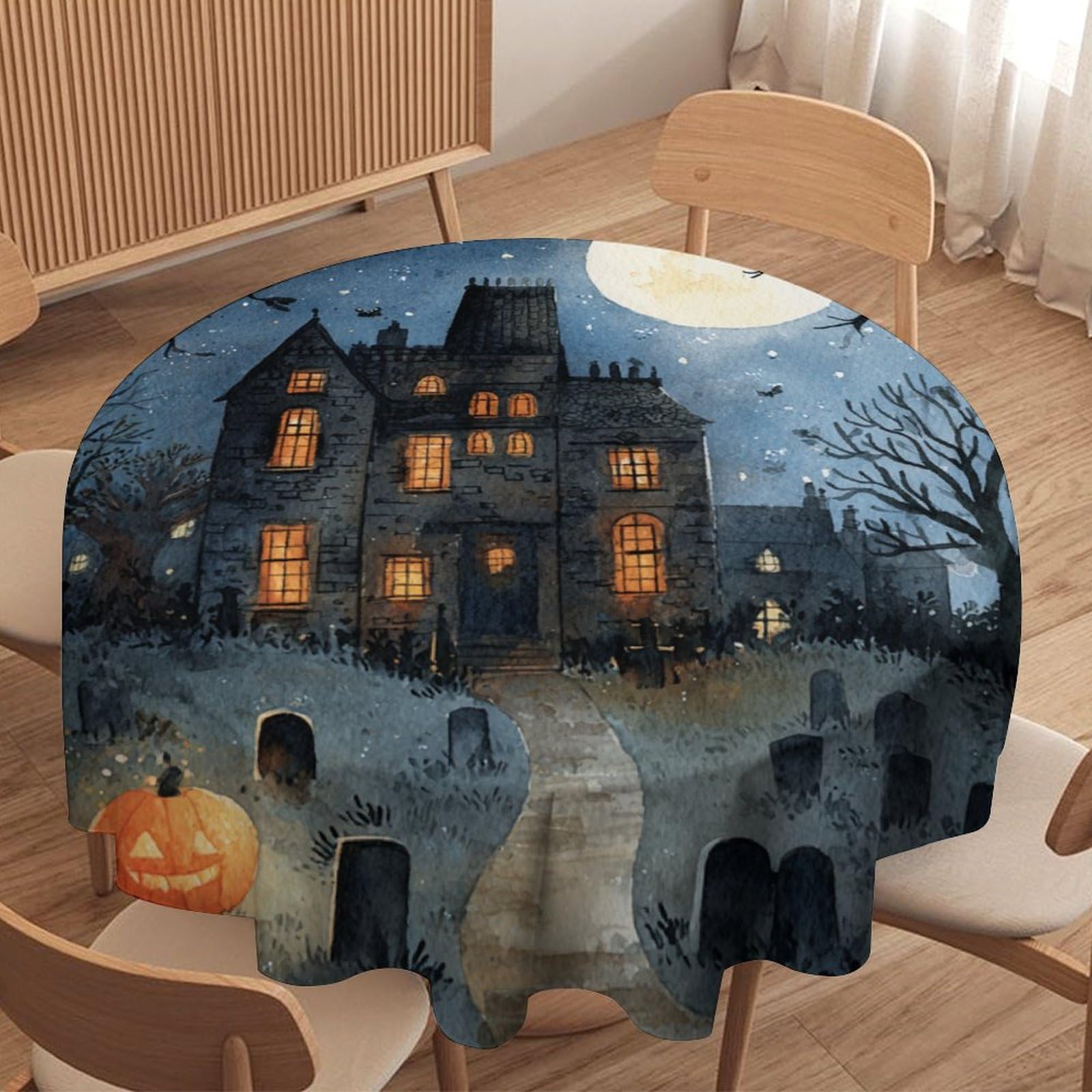 Luyysky Rustic Cartoon Scare House Round Tablecloth Gothic Autumn Halloween Full Moon Animals Crows Pumpkins Washable Decor For Table Cover For Kitchen-127 Wx127 L Cm