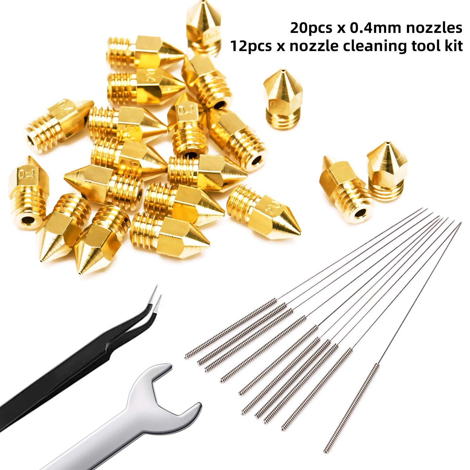 20PCS 0.4mm MK8 3D Printer Extruder Nozzles for Makerbot Ender 3 3Pro CR-10, Extruder Nozzles with 12 PCS 3D Printer Nozzle Cleaning Tool Kit (32Pieces Set) : Industrial & Scientific