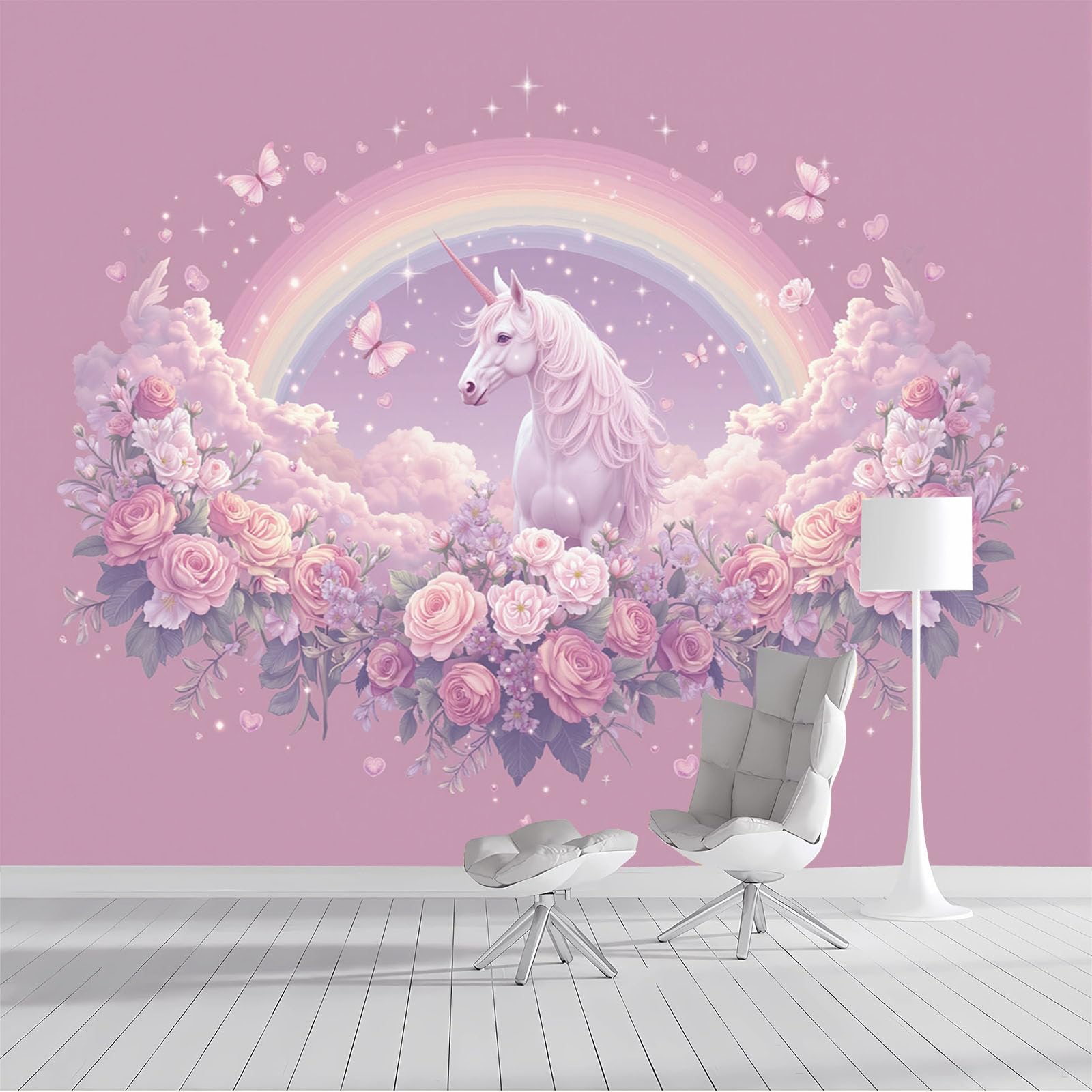 Papier peint panoramique rose licorne magique pour créer une chambre d'enfant cocooning