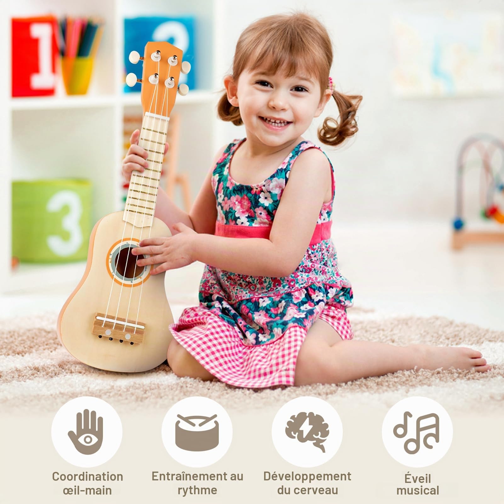 Guitare Enfant Instrument de Musique Bebe Jeux Montessori Jouet Enfant 2 3 Ans Cadeau Bebe Cadeau de Noël et d'anniversaire pour Enfants (7 in 1)