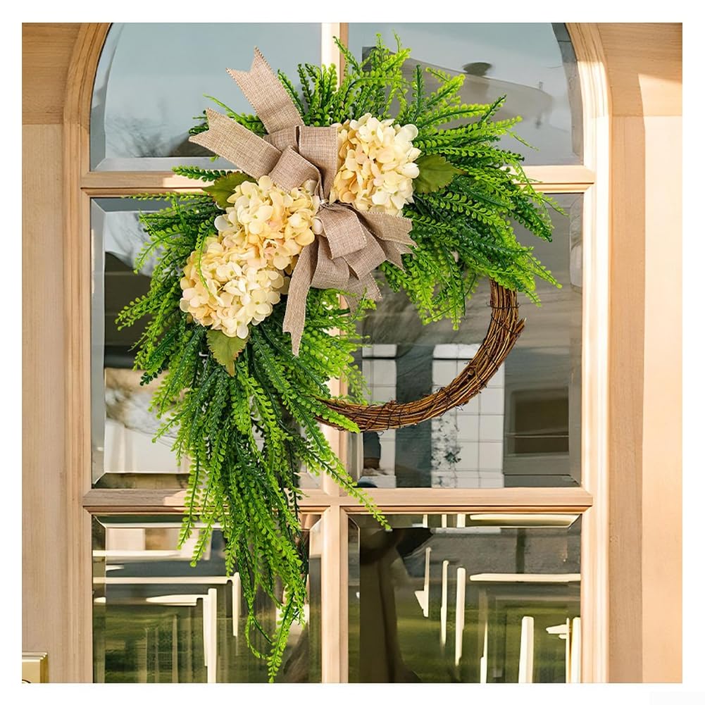 Künstliche Hortensien Girlande Rustikal für Hochzeit für deko – Handgefertigte Blumenkranz aus Kunststoff für Wand & Tür, 60cm Landhaus Stil Beige(D)