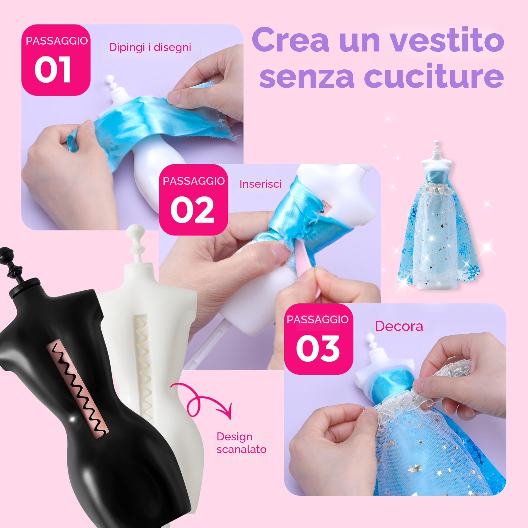 Klever Kit 400+PCSArtigianato di Design di Moda per Bambini Arte e Giochi da Faire da Te con 3 Manichini per Ragazze dagli 8 ai 12 Anni, Regali di Natale di Compleanno