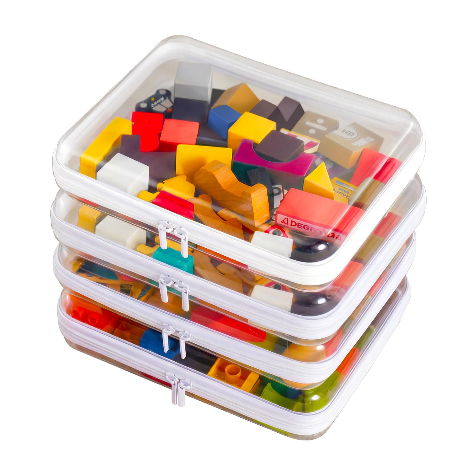 4PCS Large Clear Hard Shell Zipper Case, Makeup Organizer & Toy Storage Bag for Lego Bricks, Diaper Pouches, Cosmetic Bags, Transparent Pencil box,