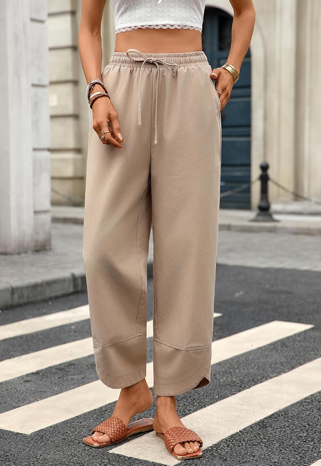Women's Baggy Linen Pants Loose Fit Drawstring Wide Leg with Pockets