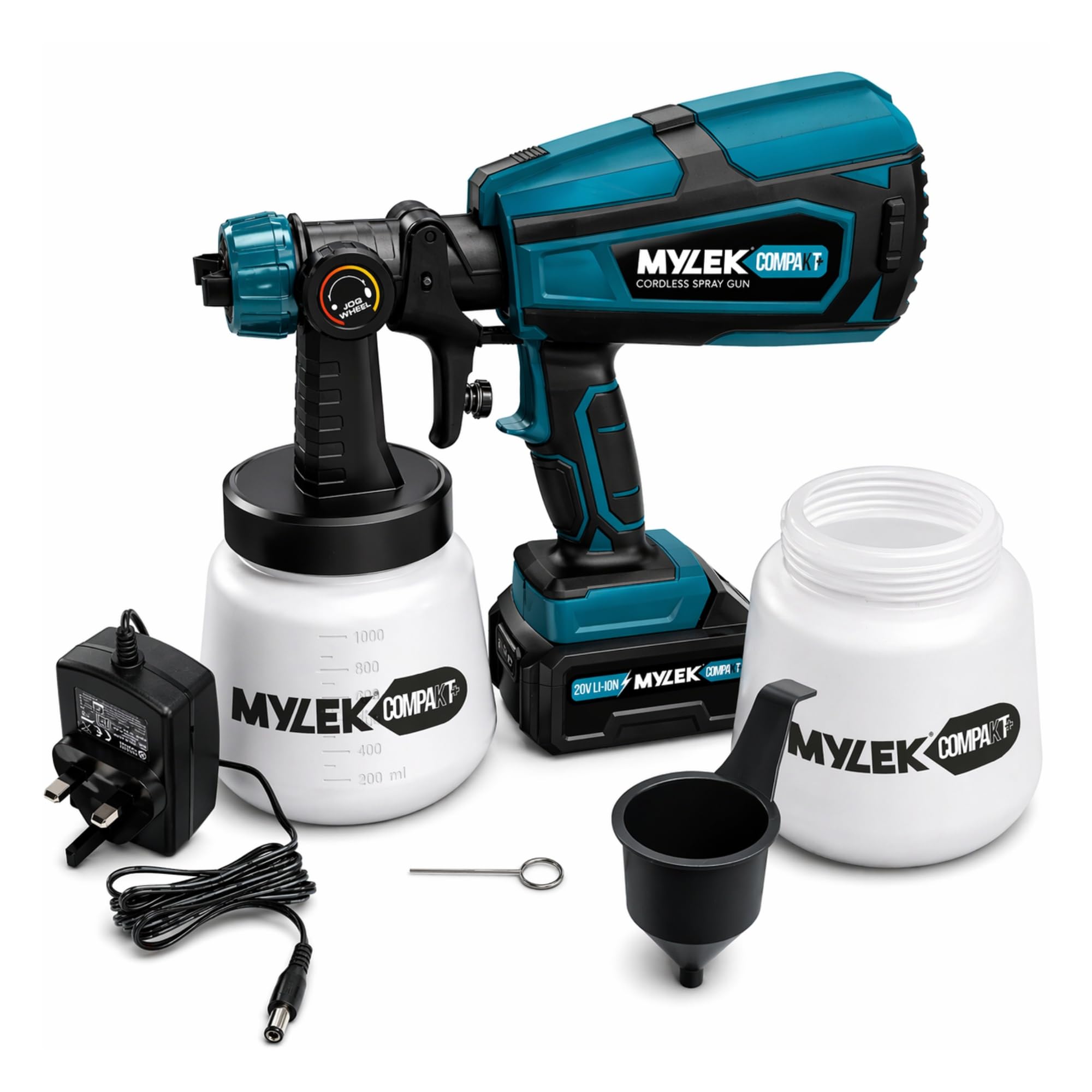 MYLEK Kit de Pistola pulverizadora de Pintura inalámbrica de 20 V, Ligera, batería de Iones de Litio, Cargador del Reino Unido, 2 Vasos de Pintura, Cobertura Profesional, cobertizos, Vallas, Muebles