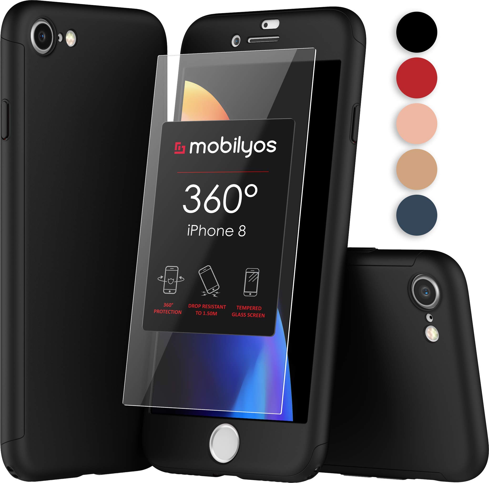 360 iPhone 8 Case - Ultra-Thin Full Body Protective Cover for iPhone 8 with Tempered Glass Screen Protector – Hard and Slim Fit Case for Apple iPhone 8 (Black)