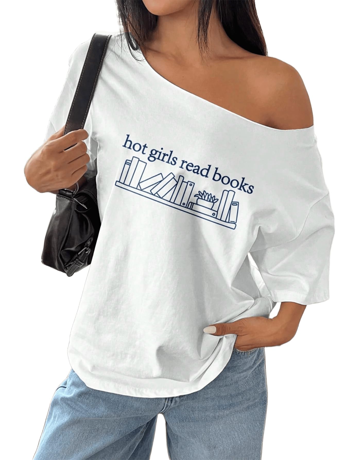 sxv style SXV Women's Oversized Asymmetrical Neck T-Shirt with Hot Girls Read Books Slogan Print, White-picture-29