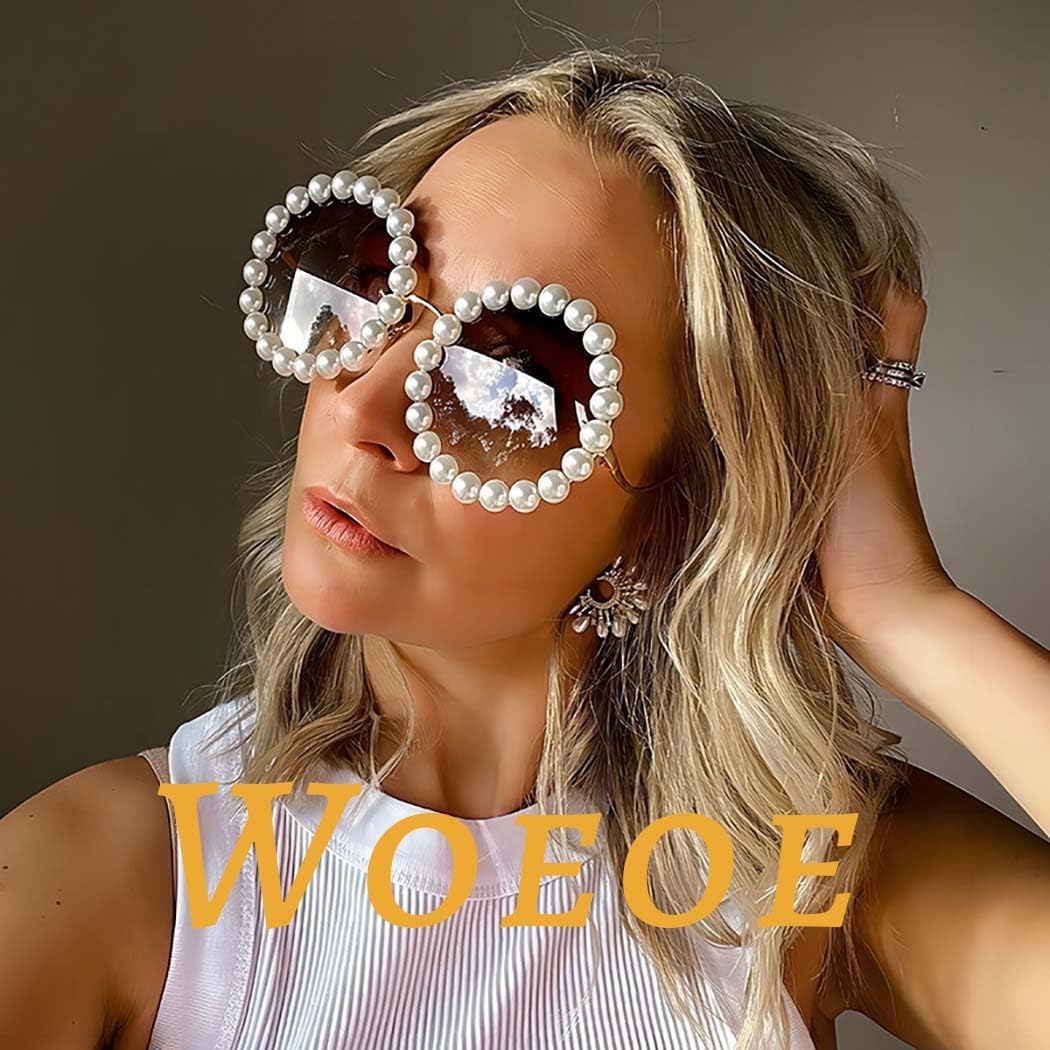Woeoe Pearl Round Sunglasses Circle Sun Glasses for Women White Trendy Eye Glasses Classic Shades Vintage Men Bling Party Sunglasses Eyewear image 5 of 5 B0DFH1PKNV