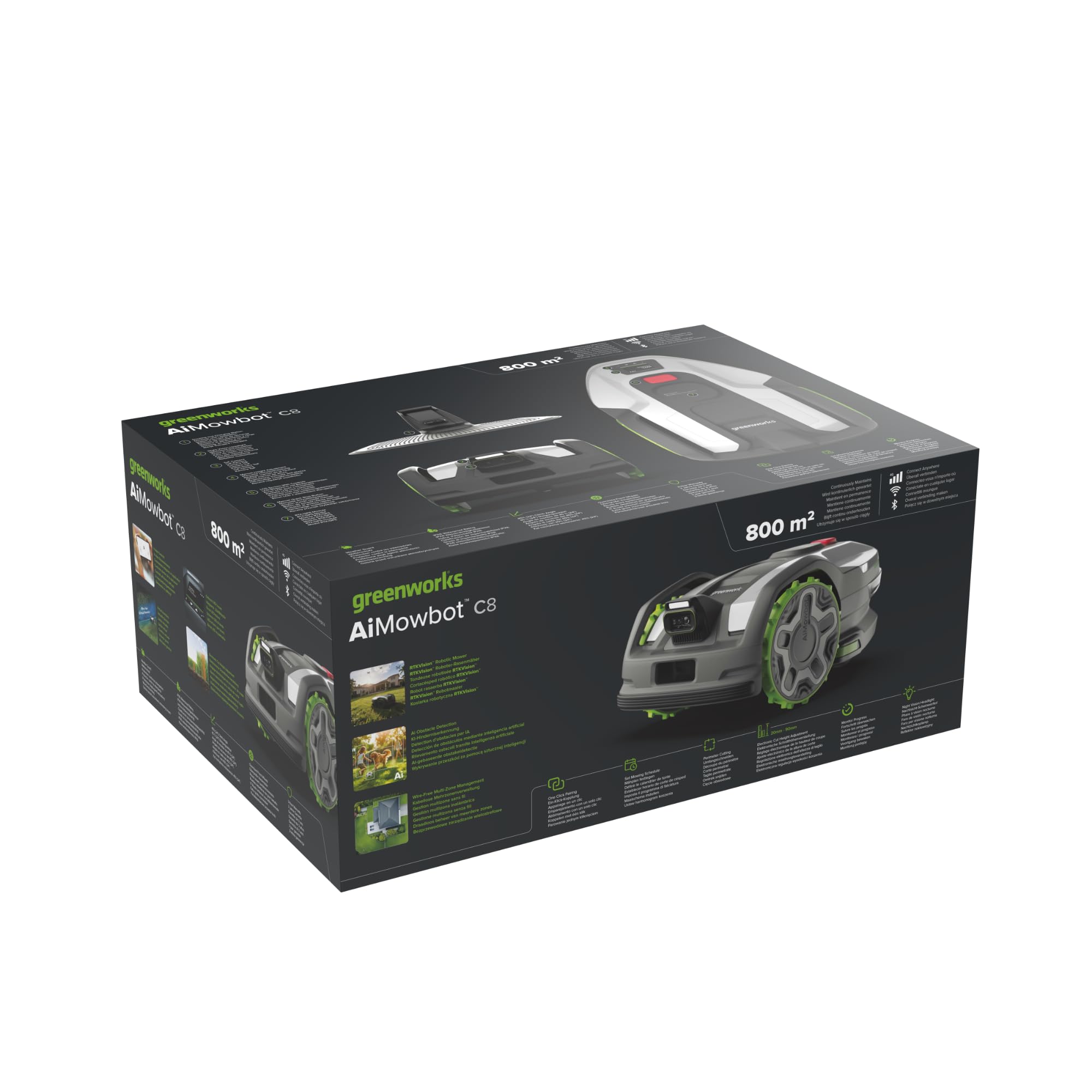 Greenworks C8 Vision+RTK – Cortacésped Robot sin Cable hasta 800 m², Mapeo Automático, Detección de Obstáculos 3D-ToF (Día y Noche), Gestión Multi-Zona Vía App, Garantía del Fabricante 3 Años