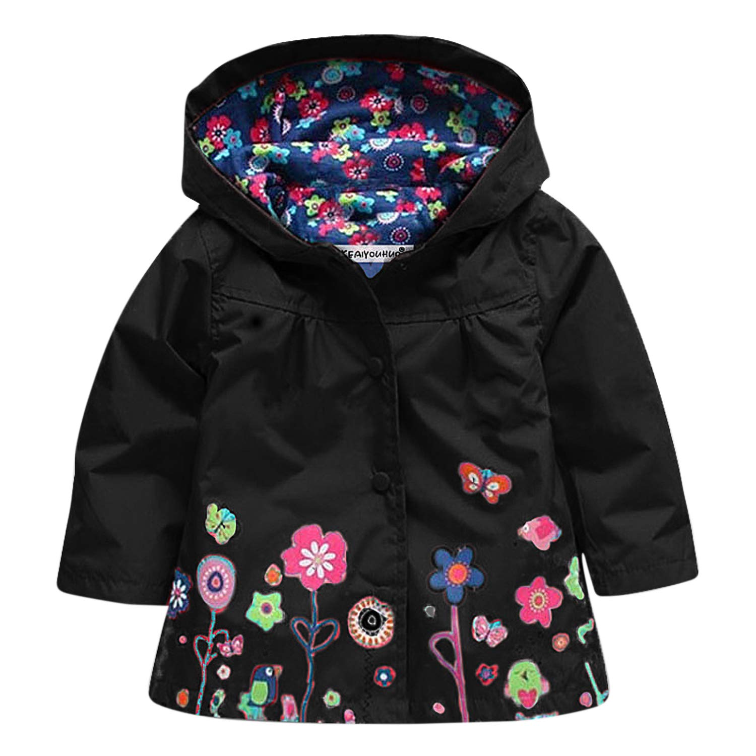 Evelin Lee Women's Black Baby Girls Waterproof Jacket Floral Printed Hooded Raincoat Windproof Outwear, 2-3 Years