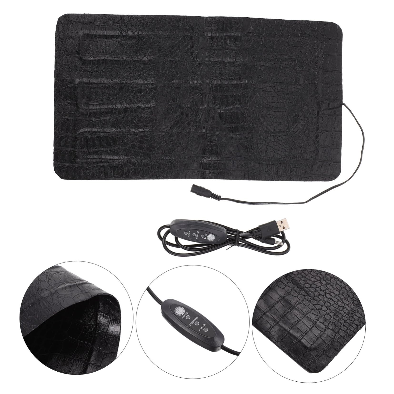 Tappetino Riscaldante Riscaldamento Elettrico Portatile per Rettili in Pelle Sintetica Nera Regolazione USB a 3 Temperature per Piccoli Animali, per Ambienti Esterni e Terrari
