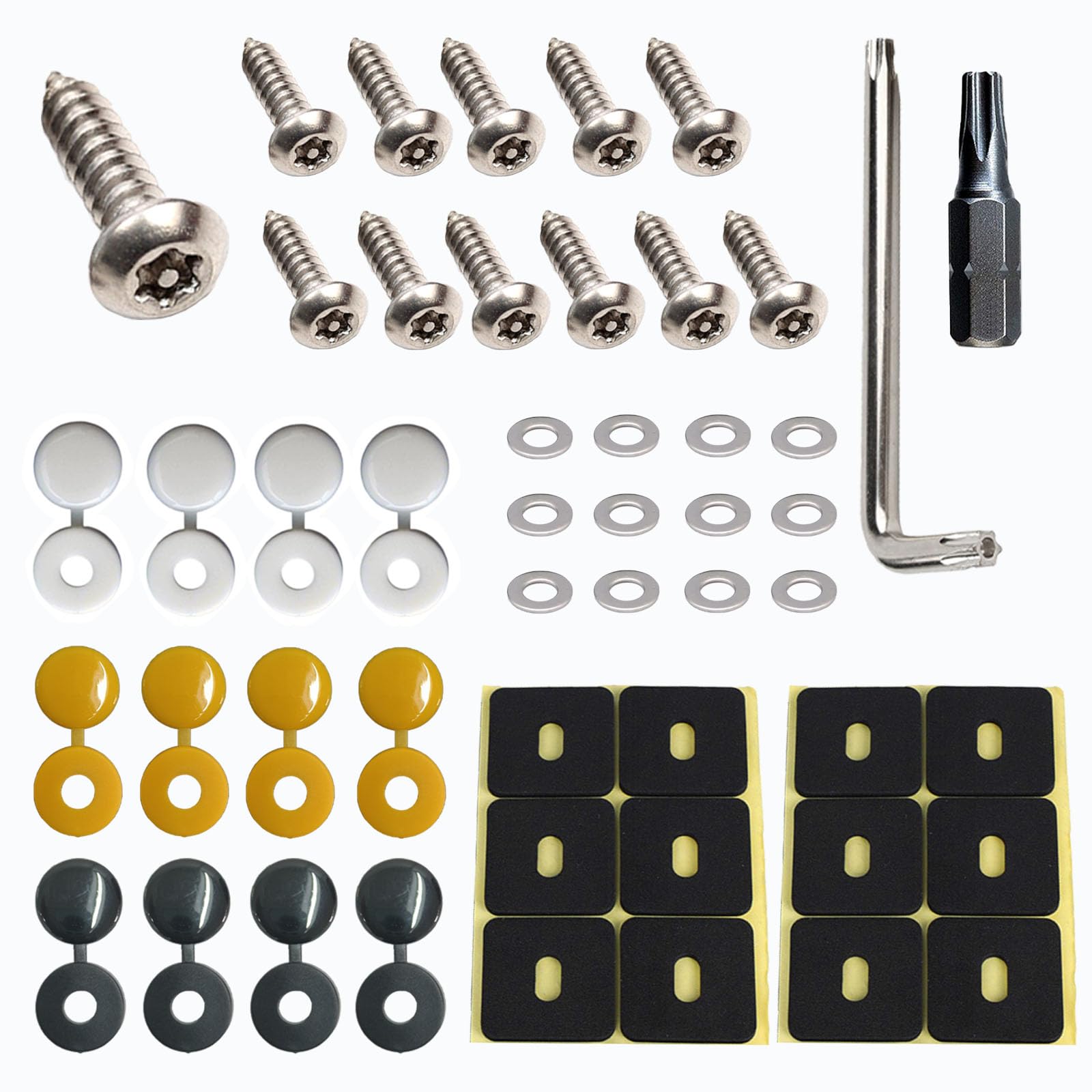Anti Theft Number Plate Screws Fitting Kit, M4 Stainless Steel car number plate screws and Caps Set - Includes Black, White and Yellow Plastic Hinge Caps for Cars, Motorcycles, and Trucks