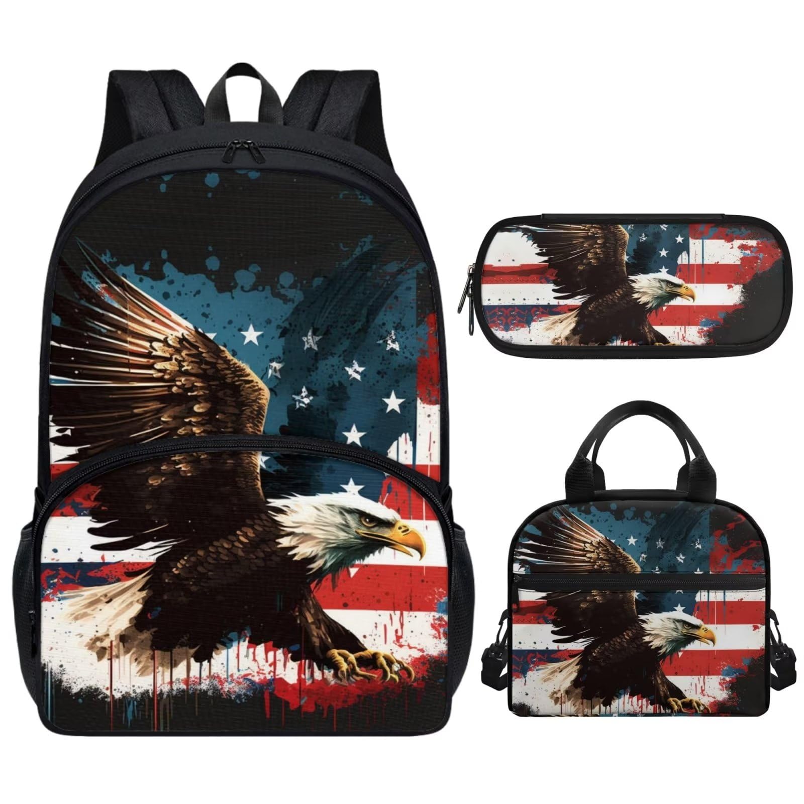 ZFRXIGN Bald Eagle Backpack Set for Kids 2Nd/3Rd/4Th/5Th Grade School Bag American Flag Rucksack Lunch Tote Bag Pencil Case Bookbag 17 inch Bagpack