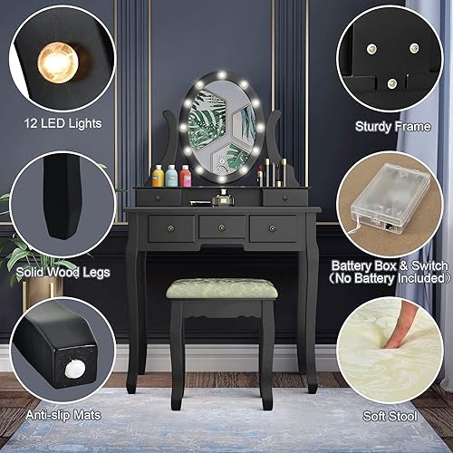 Miniatura 2 de AUGESTER - Juego de tocador de maquillaje iluminado, juego de tocador con 12 luces, espejo ovalado giratorio de 360°, 5 cajones deslizantes,