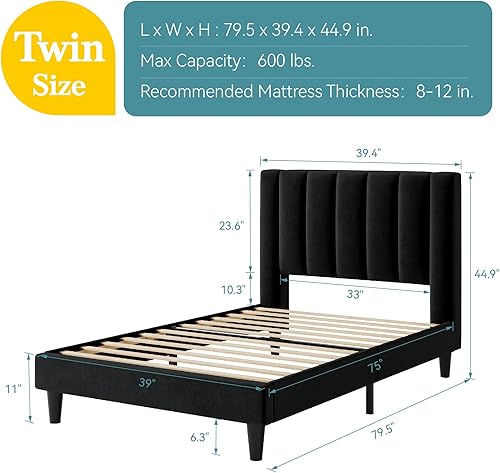 Miniatura 46 de HOOMIC Base de cama de plataforma de tamaño matrimonial con cabecera de canal vertical tapizada de terciopelo de felpa, no necesita somier, fácil