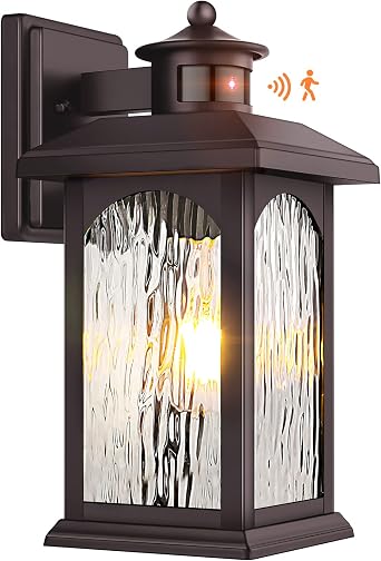 Brown Motion Sensor Outdoor Wall Lights, Dusk to Dawn Outdoor Lighting Fixture, Oil Rubbed Bronze Outdoor Wall Sconce & Exterior Lanterns, Porch Lights with Water Rippled Glass for Garage House