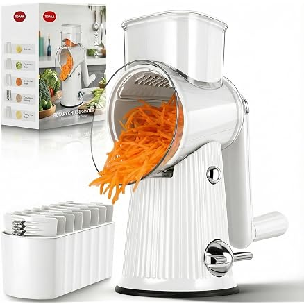 SUSTEAS Rotary Cheese Grater with Handle - Vegetable Shredder with 5 Well-designed Blades & Strong Suction Base,Round Mandoline Slicer & Food Chopper for Kitchen,with Blade Storage Box(Beige)