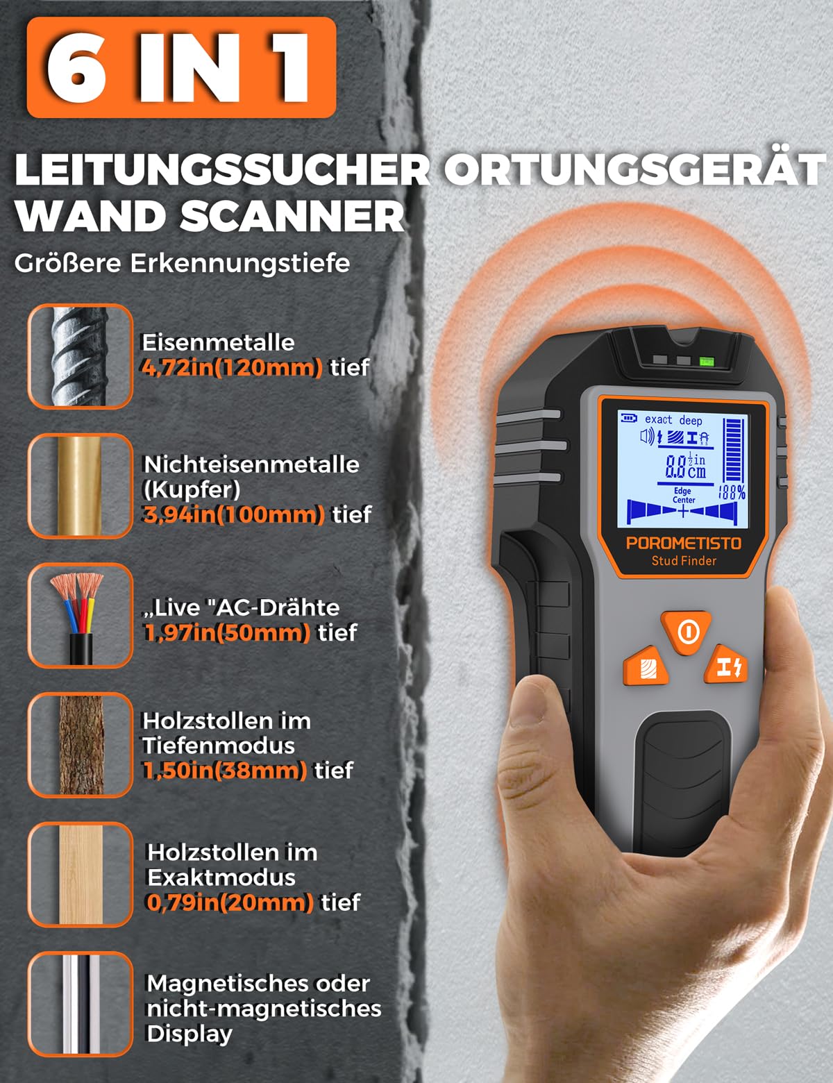 Leitungssucher Ortungsgerät, POROMETISTO DSF01 Wand Scanner, 6-in-1 Multifunktional Stud Finder | Leitungssuchgerät für Holzstuden, Eisenmetalle, Nichteisenmetalle, AC Kabel