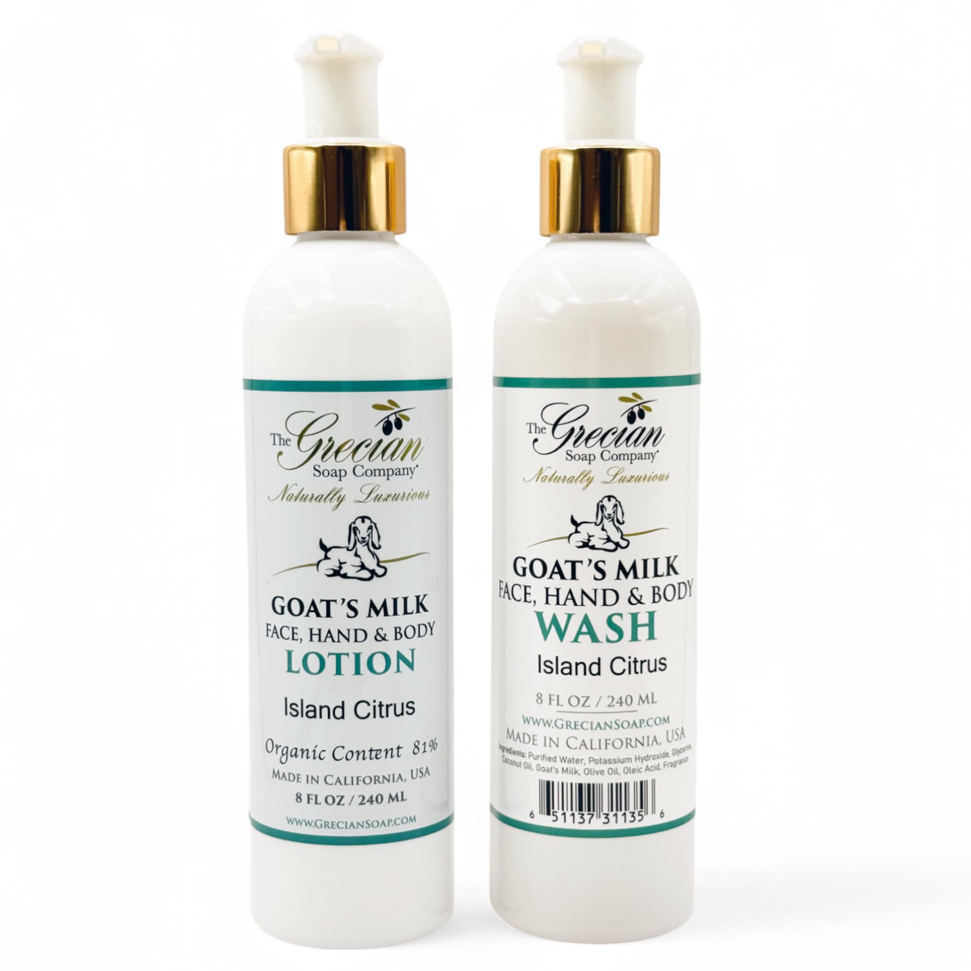 The Grecian Soap Company Goat Milk Lotion & Body Wash Set – Island Citrus Scent, 8oz Each – Body Lotion & Face Wash, Moisturizing Skin Care Set for
