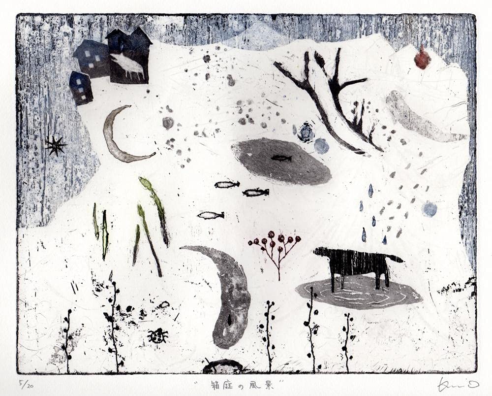 Amazon | オバタクミ 「箱庭の風景」 抽象画 絵画 犬 魚 銅版画 額付き 