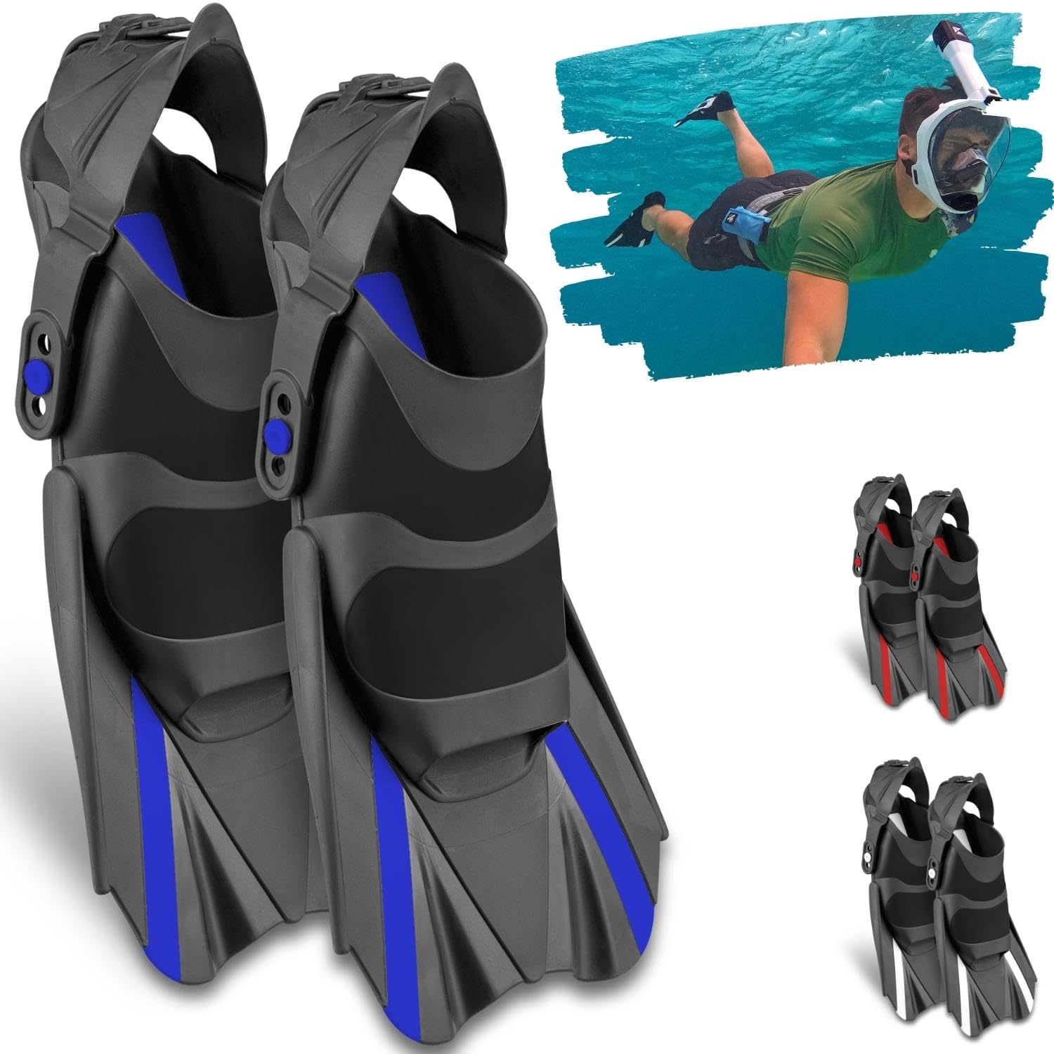 Khroom Aletas de esnórquel Ajustables Cortas con Bolsillo para Colgar Tallas 36 – 47, Aletas Cortas para Nadar Adultos, Mujeres y Hombres, Aletas de Buceo, Entrenamiento de natación