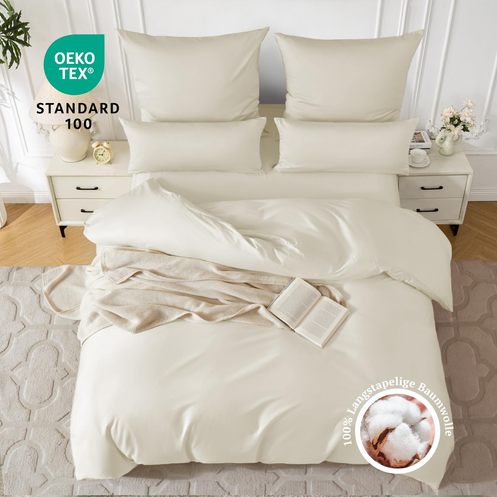 SOULFUL Copripiumino 220 x 240 in raso di cotone con 2 federe 65 x 65 cm, setoso e traspirante, 100% cotone a fibre lunghe, beige set da letto 220 x 240 in cotone con chiusura lampo