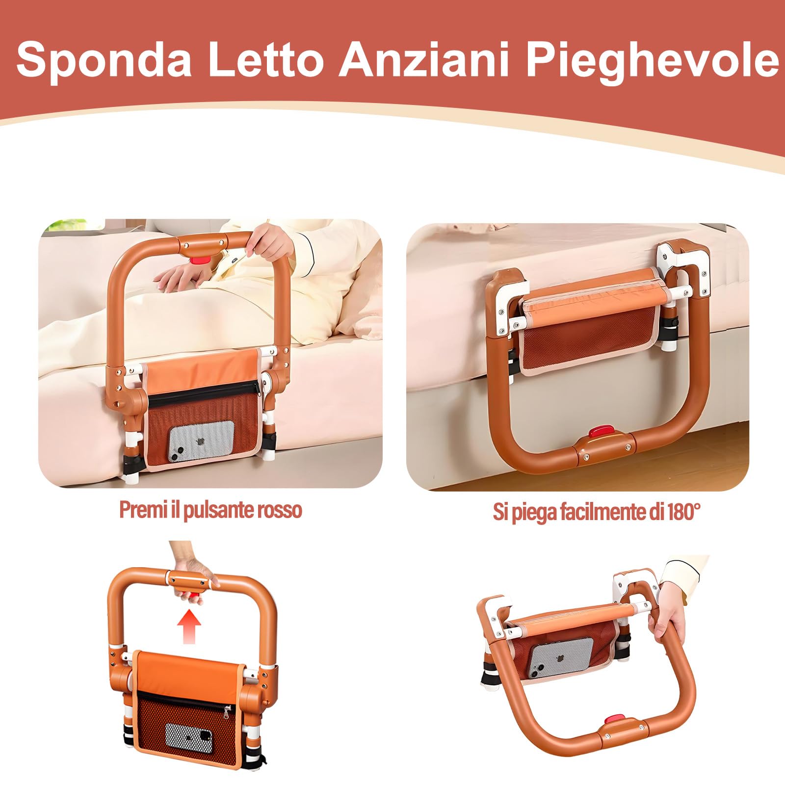 CYHWQ Sponda Letto Anziani Pieghevole, Ausili per Alzarsi dal Letto, con Tre Regolazioni in Altezza e una Tasca Portaoggetti, è Adatta ad Anziani, Persone con Mobilità Ridotta e Donne in Gravidanza