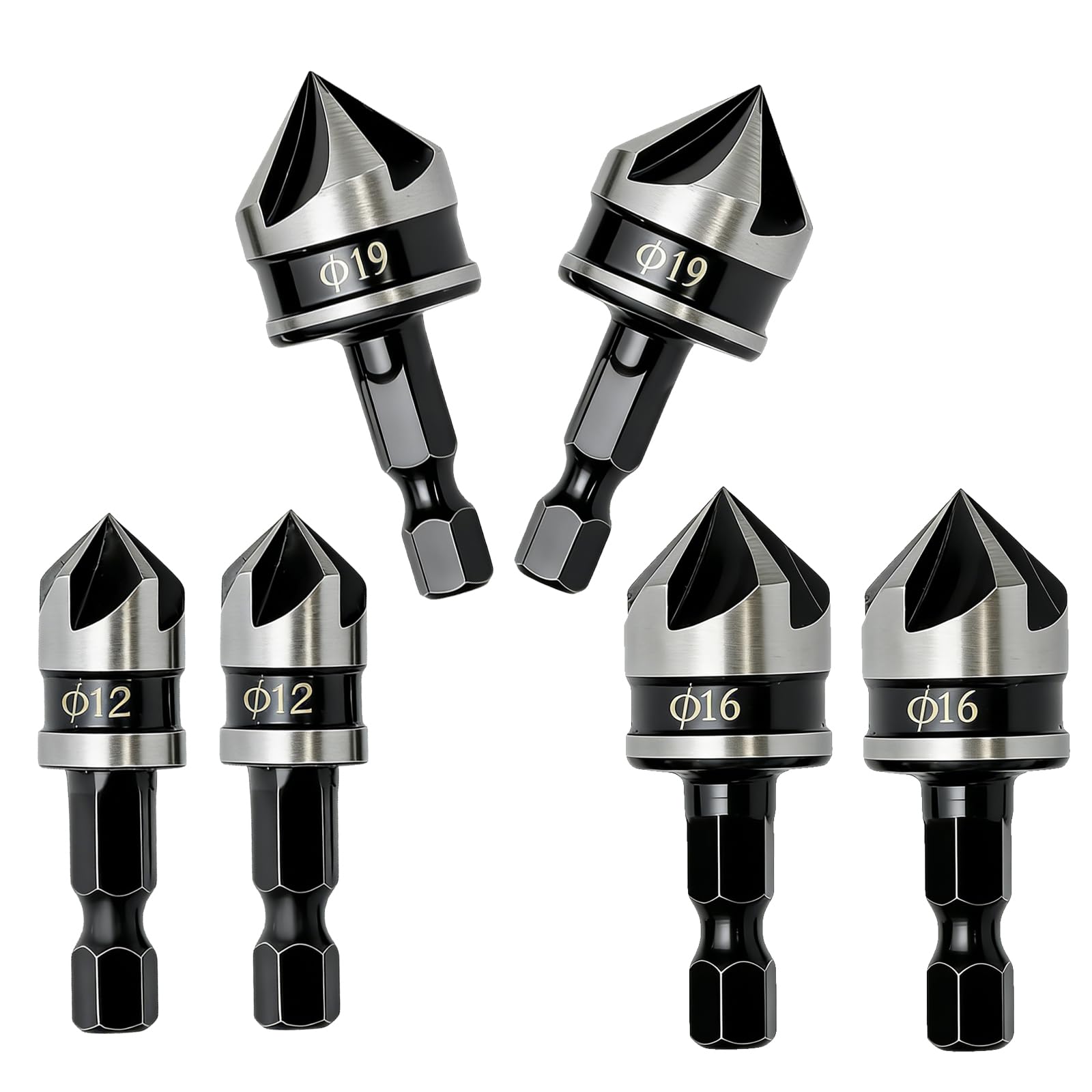 6 Pcs 12/16/19mm Chamfer Countersink Bit Set, 1/4' Hex Shank 5 Flute Degree Woodworking for Wood and Metal, Wood Countersink Drill Bits for Screw Holes, Woodworking