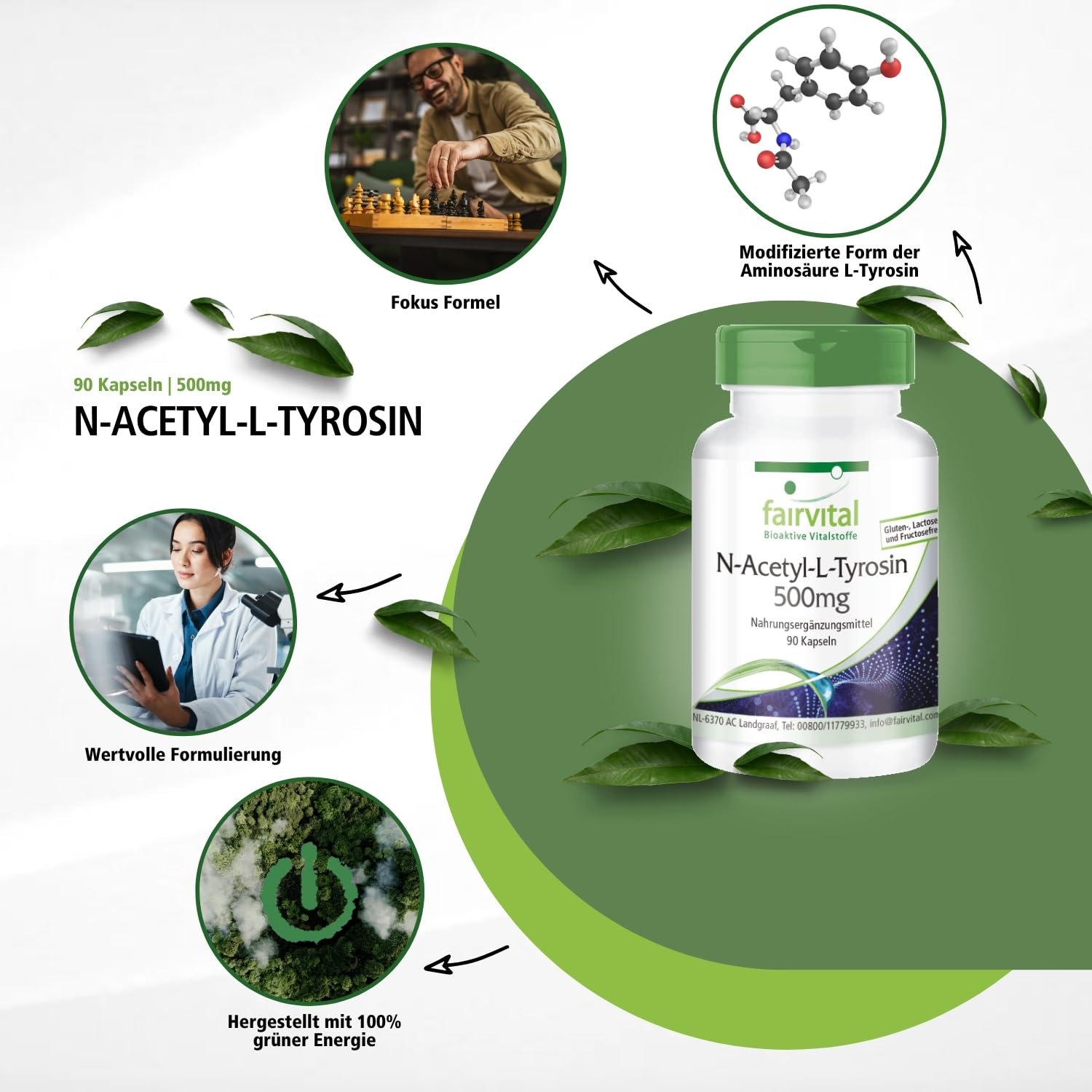 fairvital N-Acetyl-L-Tyrosin, 90 Kapseln NALT für 3 Monate, hochdosiert, weiterentwickelte Form von L-Tyrosin