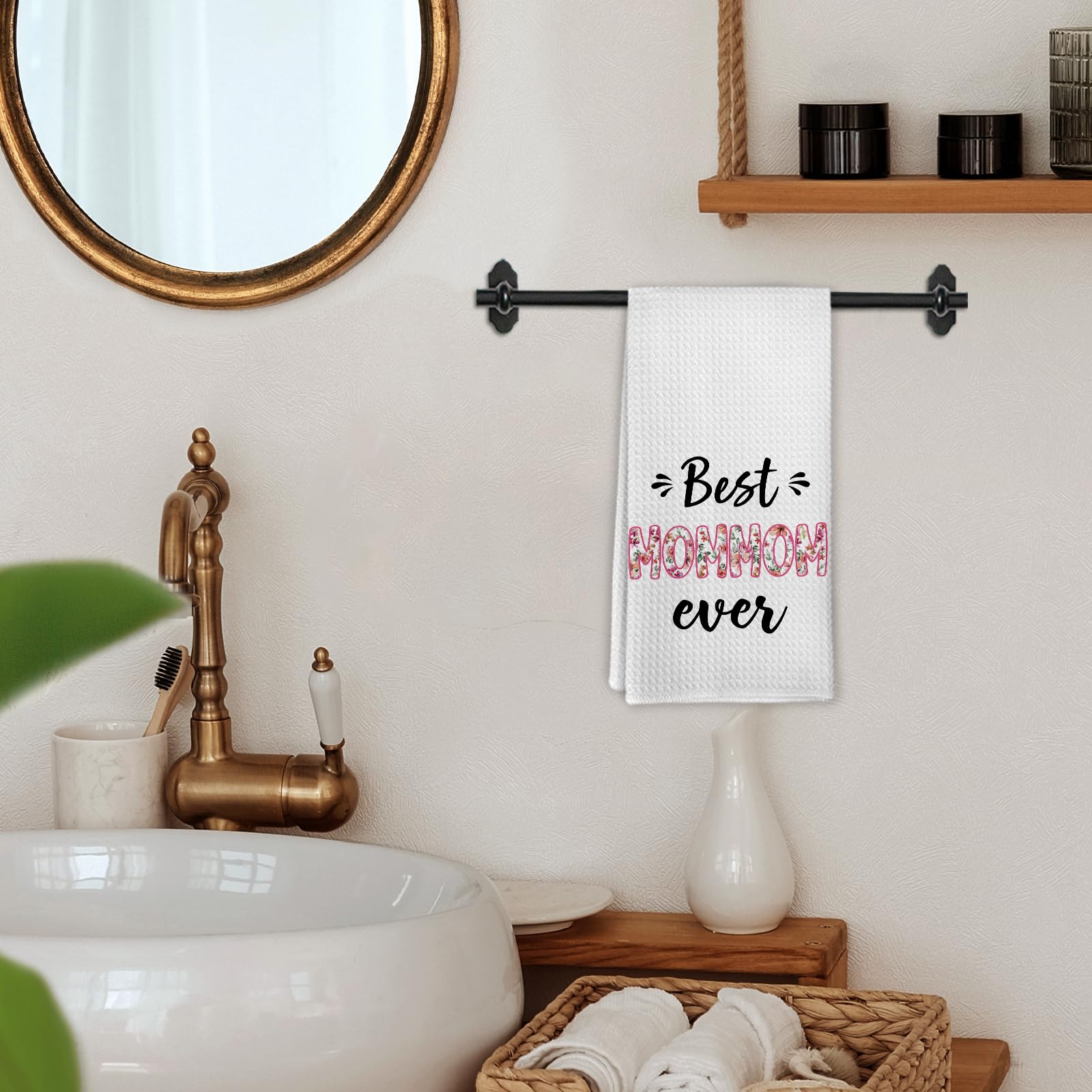Best Mommom Ever Mothers Day Birthday Kitchen Towel Gifts for Grandma Mommom from Grandkids Granddaughter, Floral Mommoms Gifts Dish Hand Tea Towels for Bathroom Kitchen Decor, 16x24 Inch