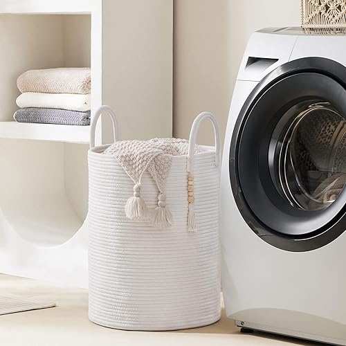 Miniatura 3 de Cesta de cuerda de algodón para lavandería, 72 litros de alto, cestas plegables tejidas para organización de mantas, cesta de ropa para