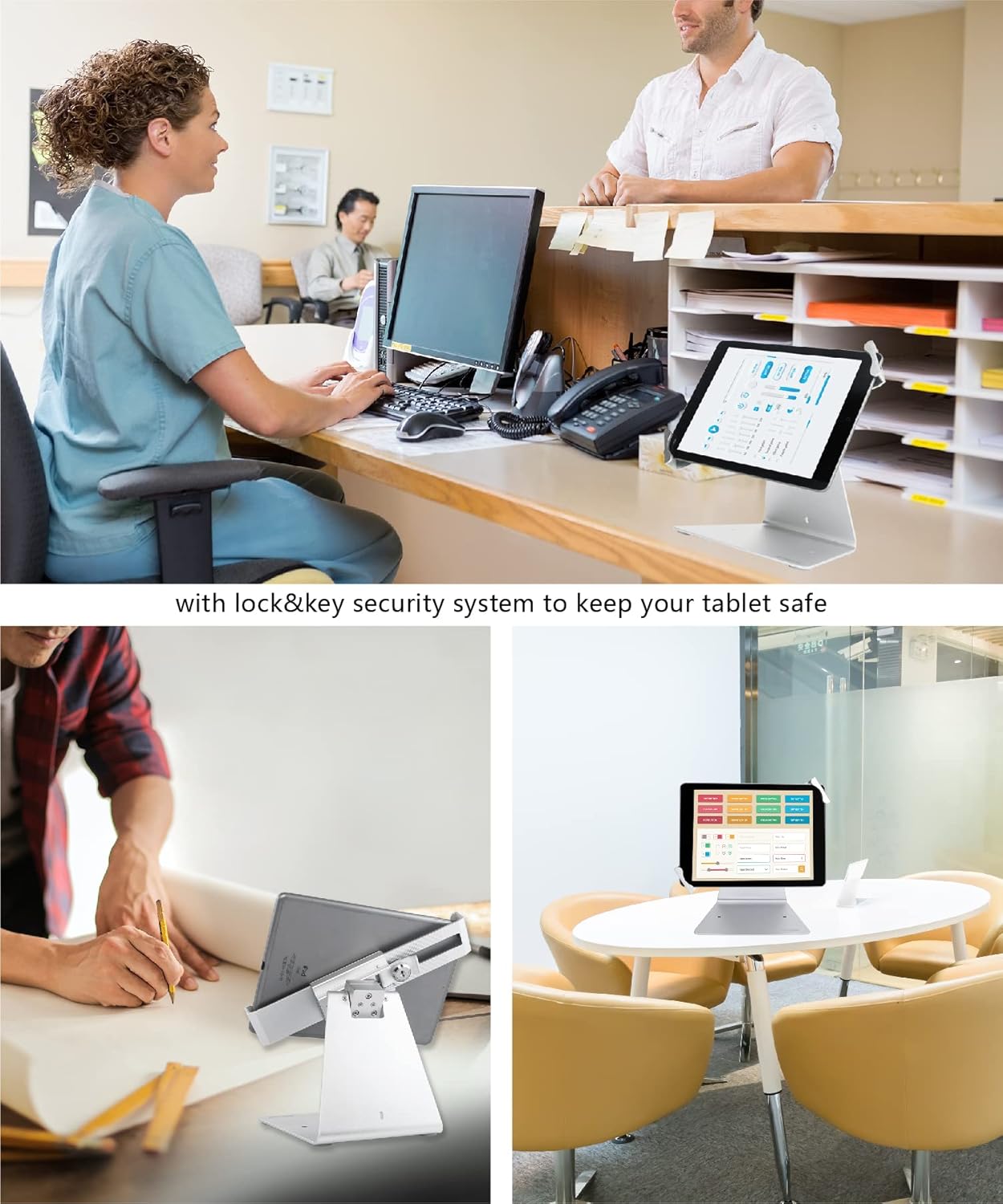 Desktop Anti-Theft Security Kiosk Stand Holder Enclosure for Most 8 to 10.1 Inch,& for 10.2",10.5",10.9",11" iPad with Lock and Key,Flip &360°Rotating Horizontal or Vertical Design… (Silver)