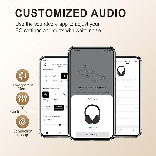 Miniatura 9 de QCY Auriculares Bluetooth H3 ANC sobre la oreja, cancelación activa de ruido Bluetooth 5.4 auriculares con micrófonos, sonido de audio de alta Negro