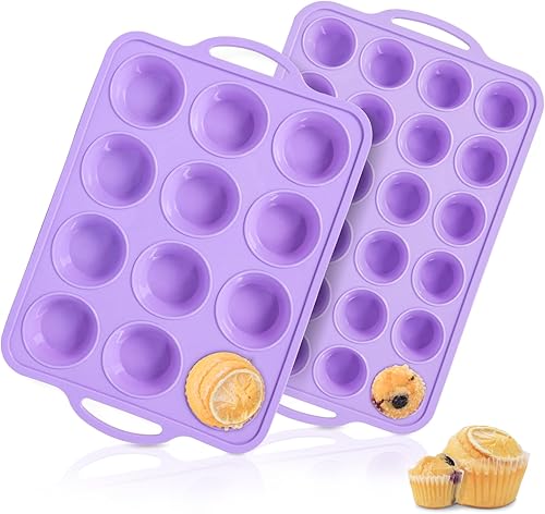 Miniatura 10 de 2 Pack Moldes para magdalenas de silicona de 12 y 24 tazas con marco metálico, moldes antiadherentes de silicona para mini cupcakes con asas, sin
