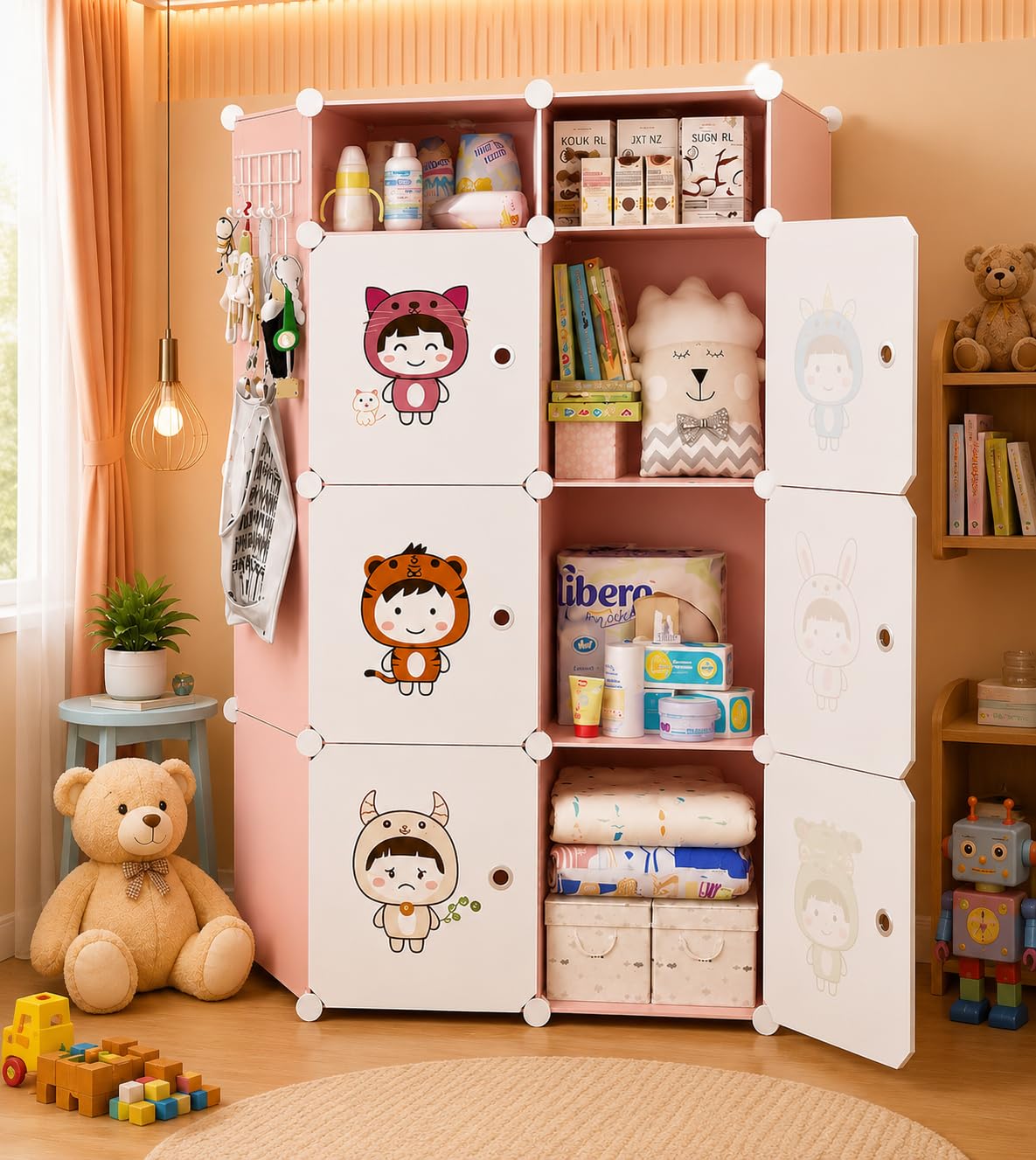 SNKR ESSENTIALS Plastic Wardrobe for Clothes | Plastic Almirah for Kids | 6+2-Cube Baby Cupboard for Clothes Storage | Portable Collapsible Wardrobe | DIY Kids Almirah for Bedroom – Cute Animal Print