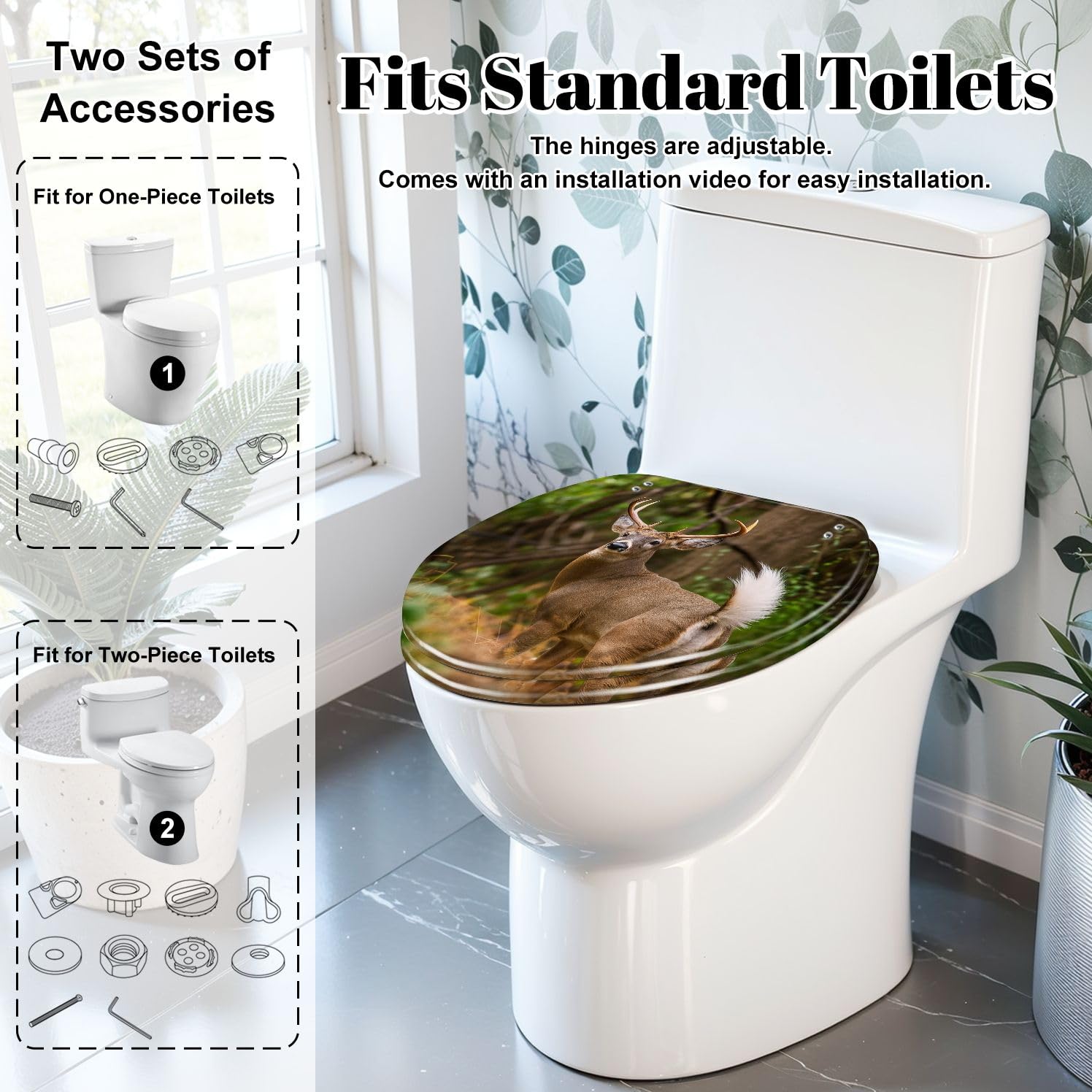 Asiento de inodoro alargado con diseño de ciervo para baño.
