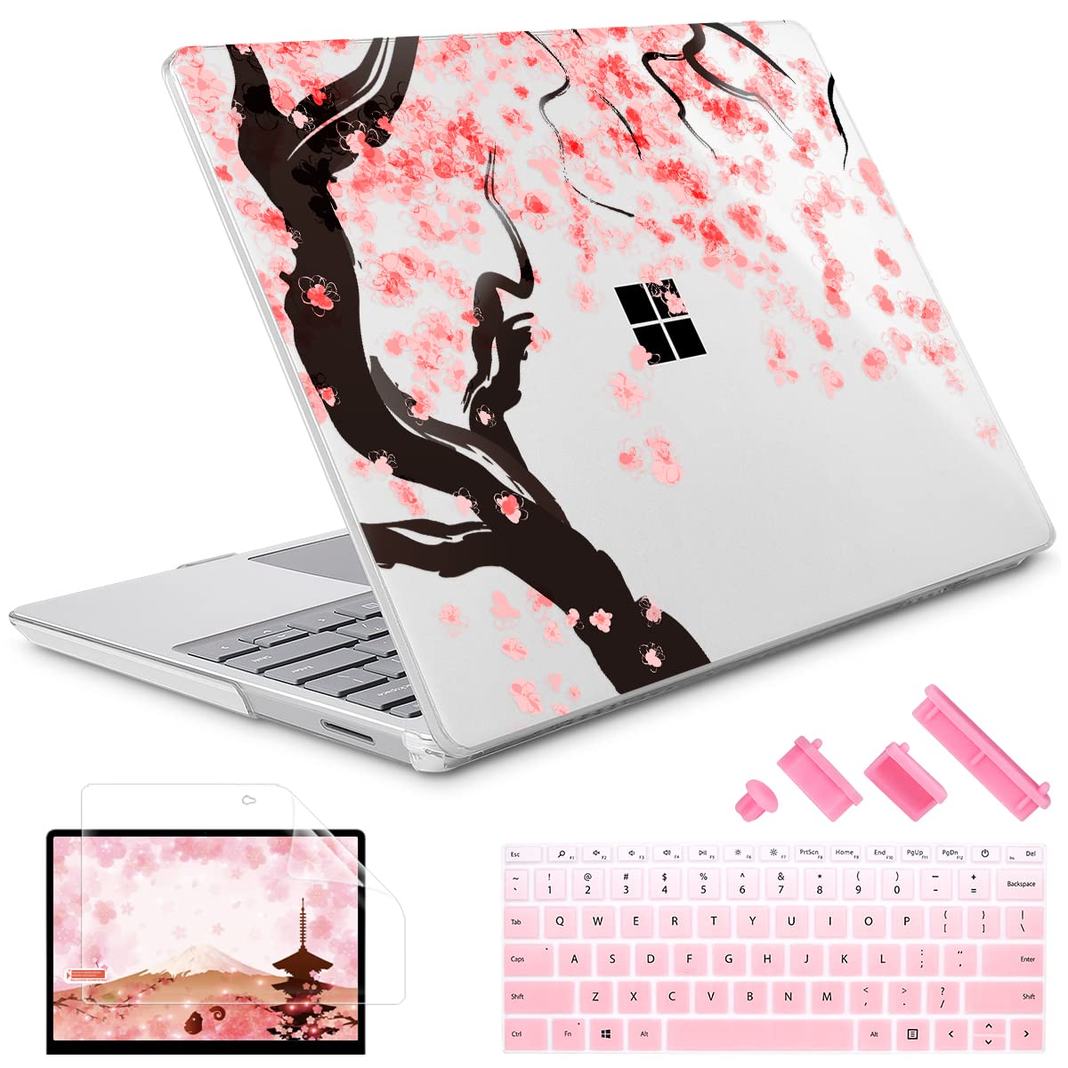 May Chen Compatible with Microsoft Surface Laptop Go 3 Go 2 Go 1 12.4 Inch Model 1943 2013 (2023 2022 2020 Release), Plastic Hard Shell Case with Screen Protector + Keyboard Cover, Cherry Blossom