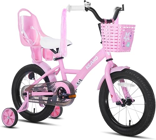 KEANO Zinnia 14 16 20 Inch Kids Bike for Girls Ages 3-10 Years, Girls' Bikes with Training Wheels, Streamers, Basket and Doll Seat, Children Bicycles