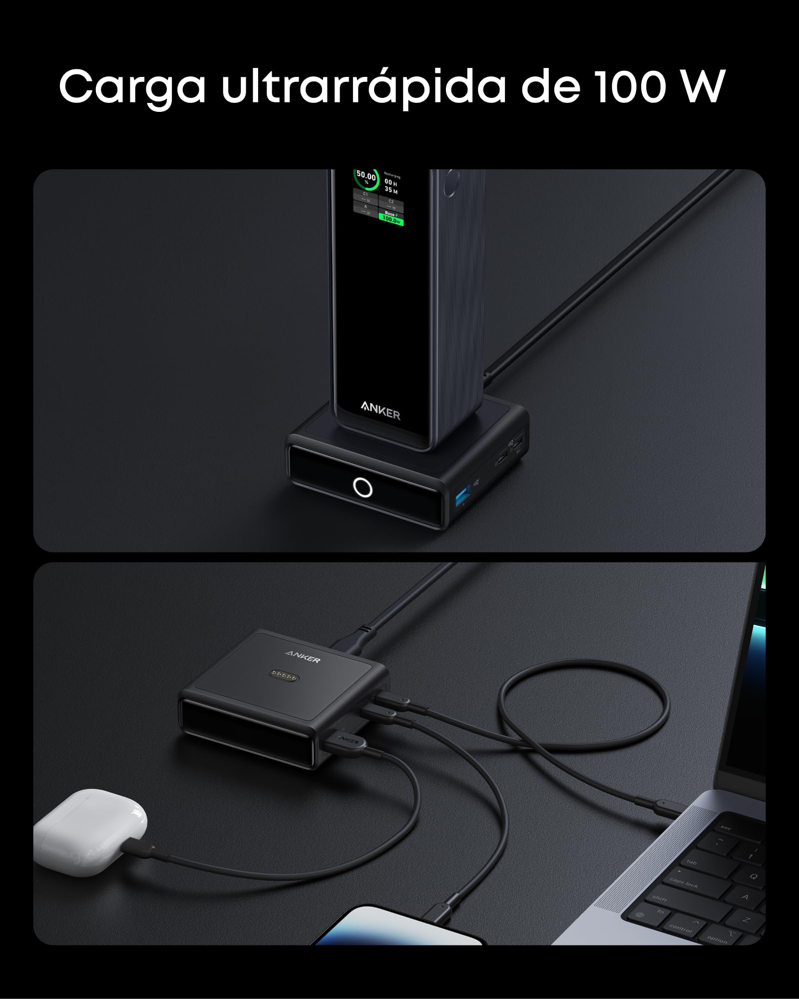 Anker Estación de Carga para Anker Prime Powerbank, 100 W máx. | con 4 puertos, compatible con MacBook, iPhone 14 / 13, Galaxy, AirPods (batería externa se vende por separado)