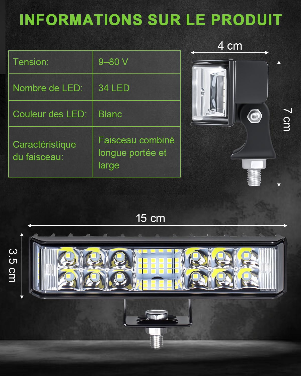 Phare de Travail LED 9-80V 102W pour Véhicule, Lot de 2 | Réflecteur Latéral 270°, 3400 LM, Support Réglable 180°, Feu de Recul pour Tracteur et 4x4, IP65