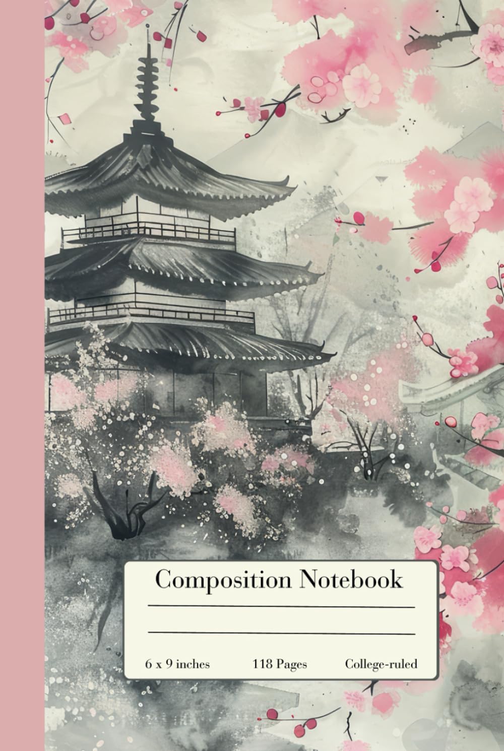Composition Notebook: Japanese Cherry Blossom Tree And Pagoda Watercolour Aesthetic College Ruled 118 Lined Pages
