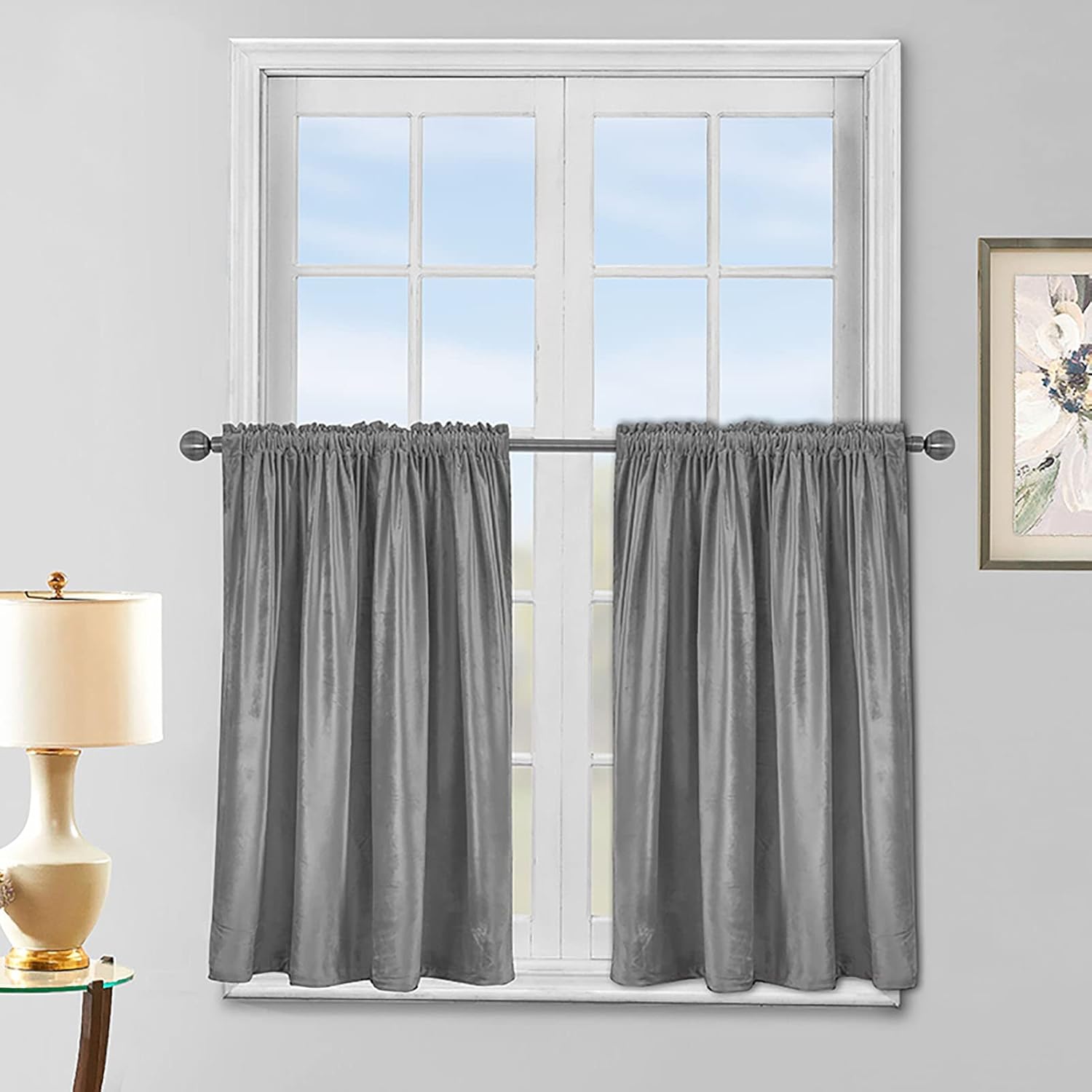 BOYOUTH Solid Color Blackout Flannel Curtains, Rod Pocket Short Window Valance Curtains Drapes for Kitchen,Bedroom,Living Room,Bathroom,Grey,29x24-Inches,2 Panels