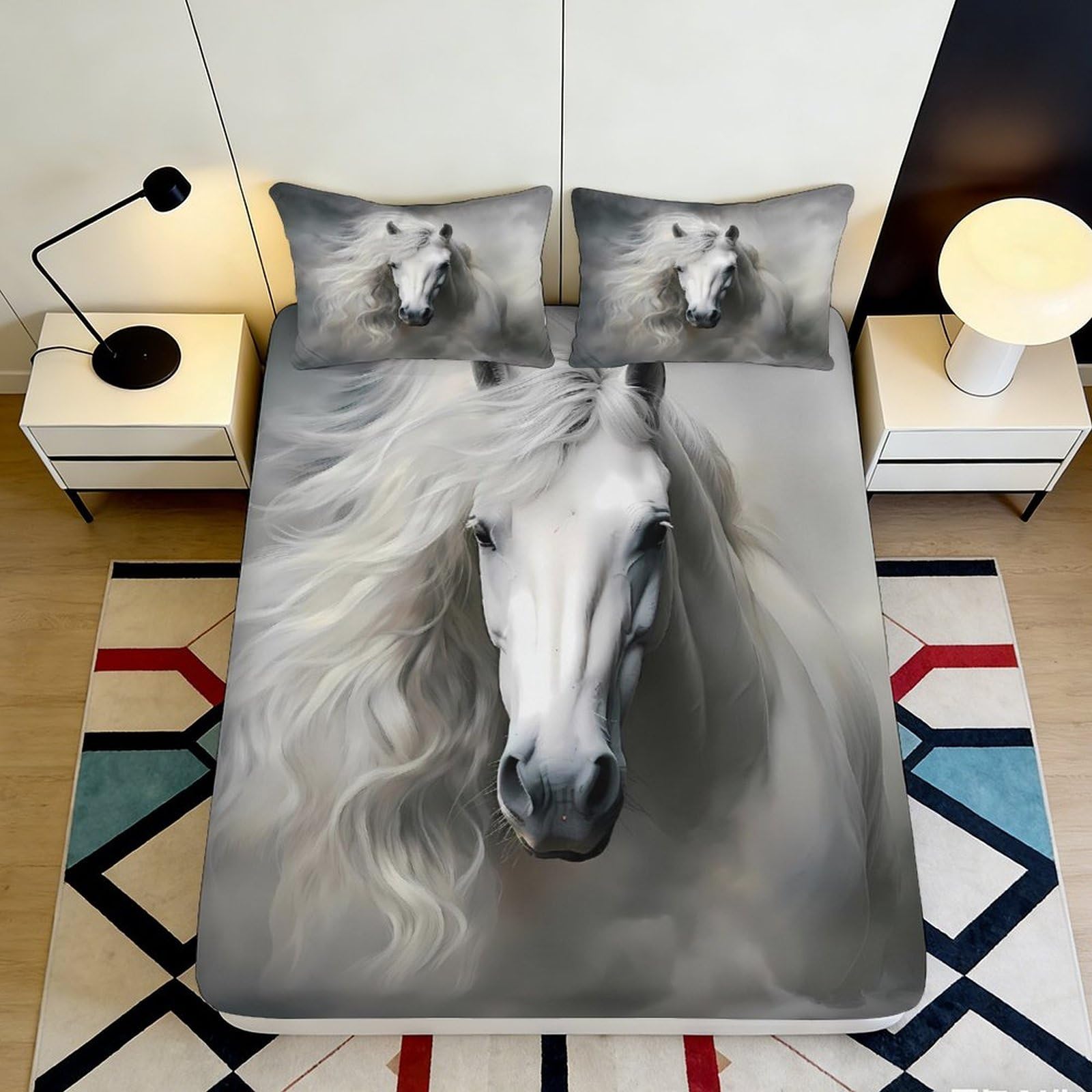 K1r3d9e5 Style-1 3D Printed White Horse Fitted Sheet Microfiber Soft Breathable Animal Bed Cover For Bedroom Guest Room Decor 90X200x25cm