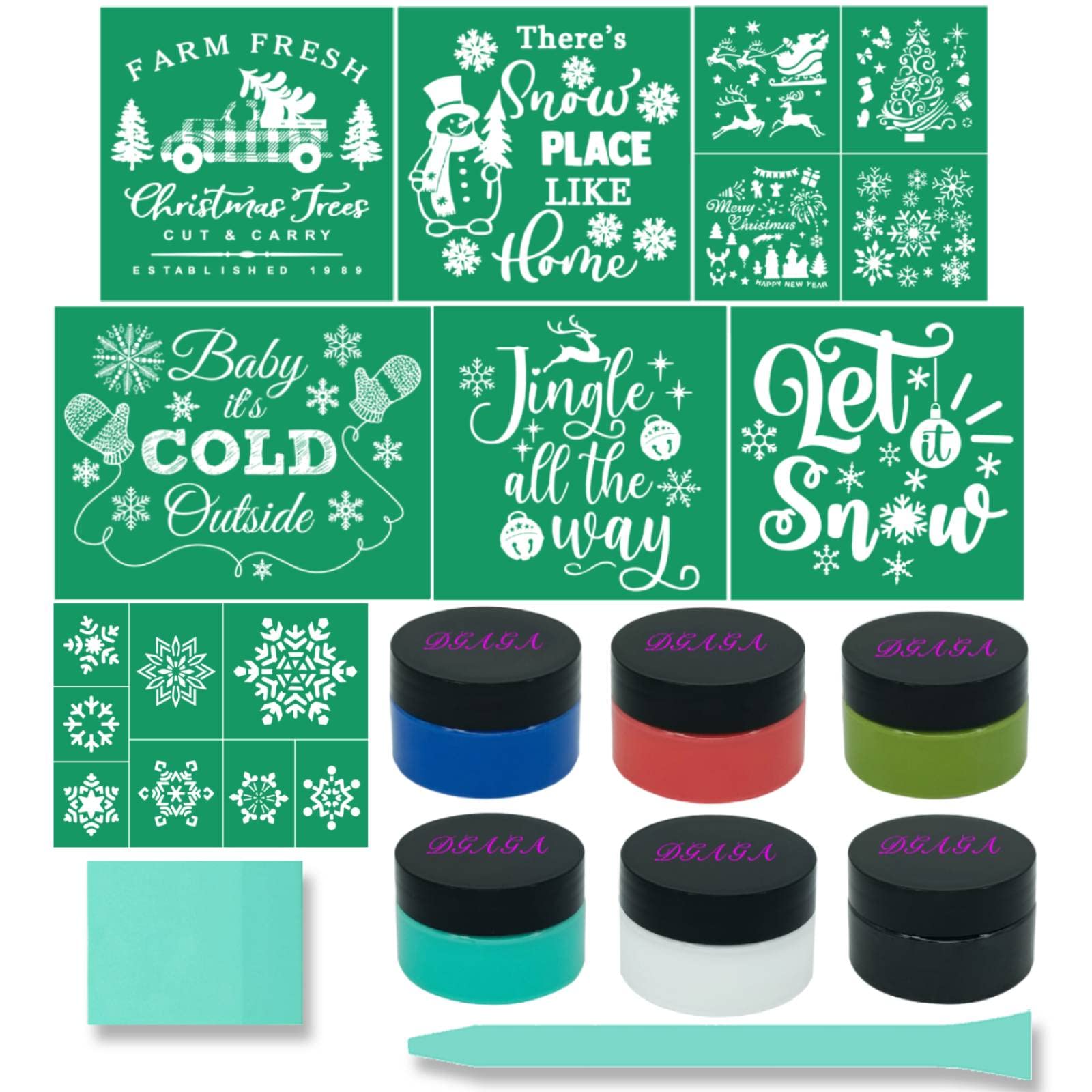 DGAGA 15PCS Christmas Silk Screen Stencils, Chalk Paste and Mesh Stencils Set - Self Adhesive, Reusable for Painting on DIY Wood Signs, Fabric, Home