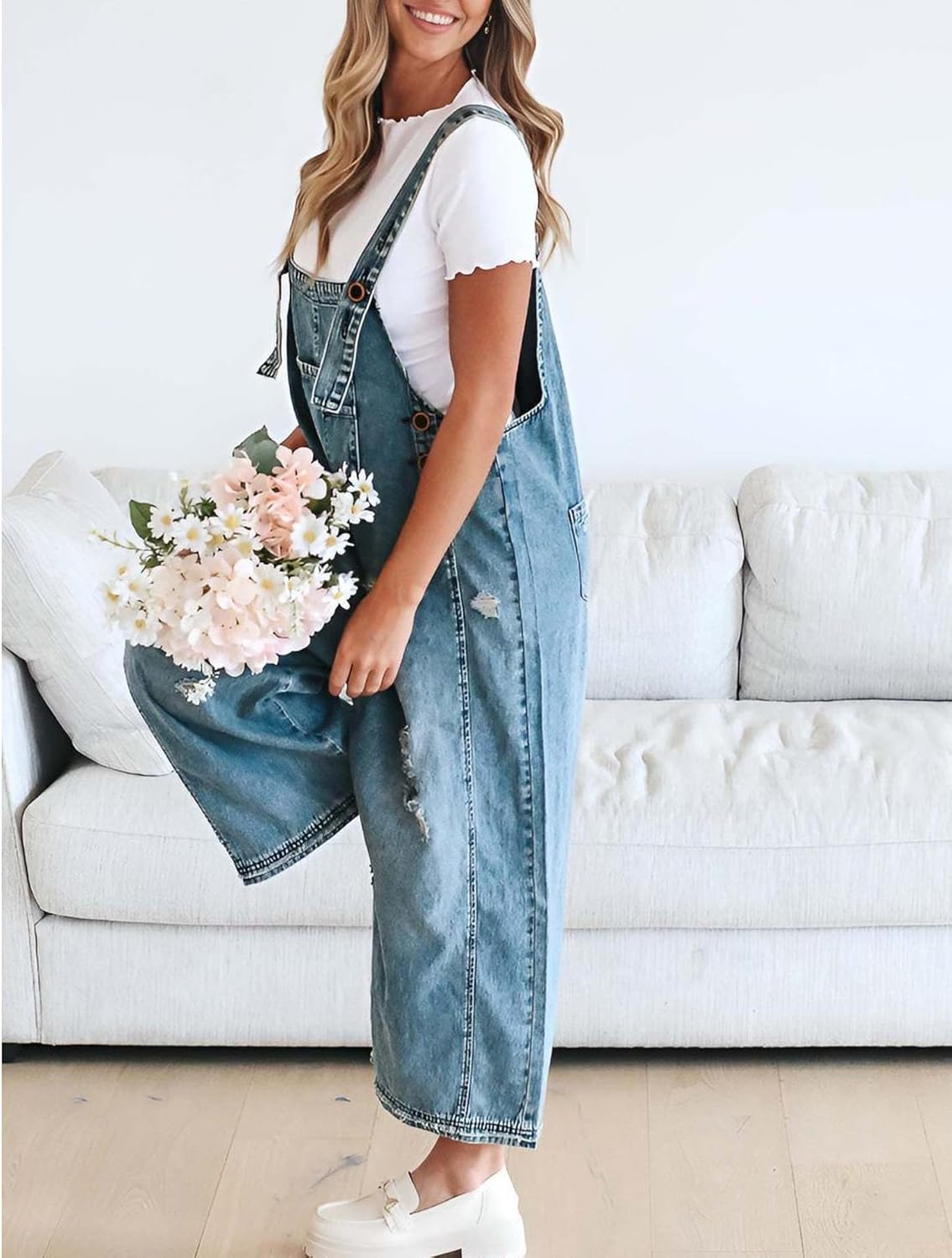 Sexyshine Women's Adjustable Strap Distressed Loose Denim Bib Overall Baggy Wide Leg Cut Out Jeans Jumpsuit Overalls - Image 3