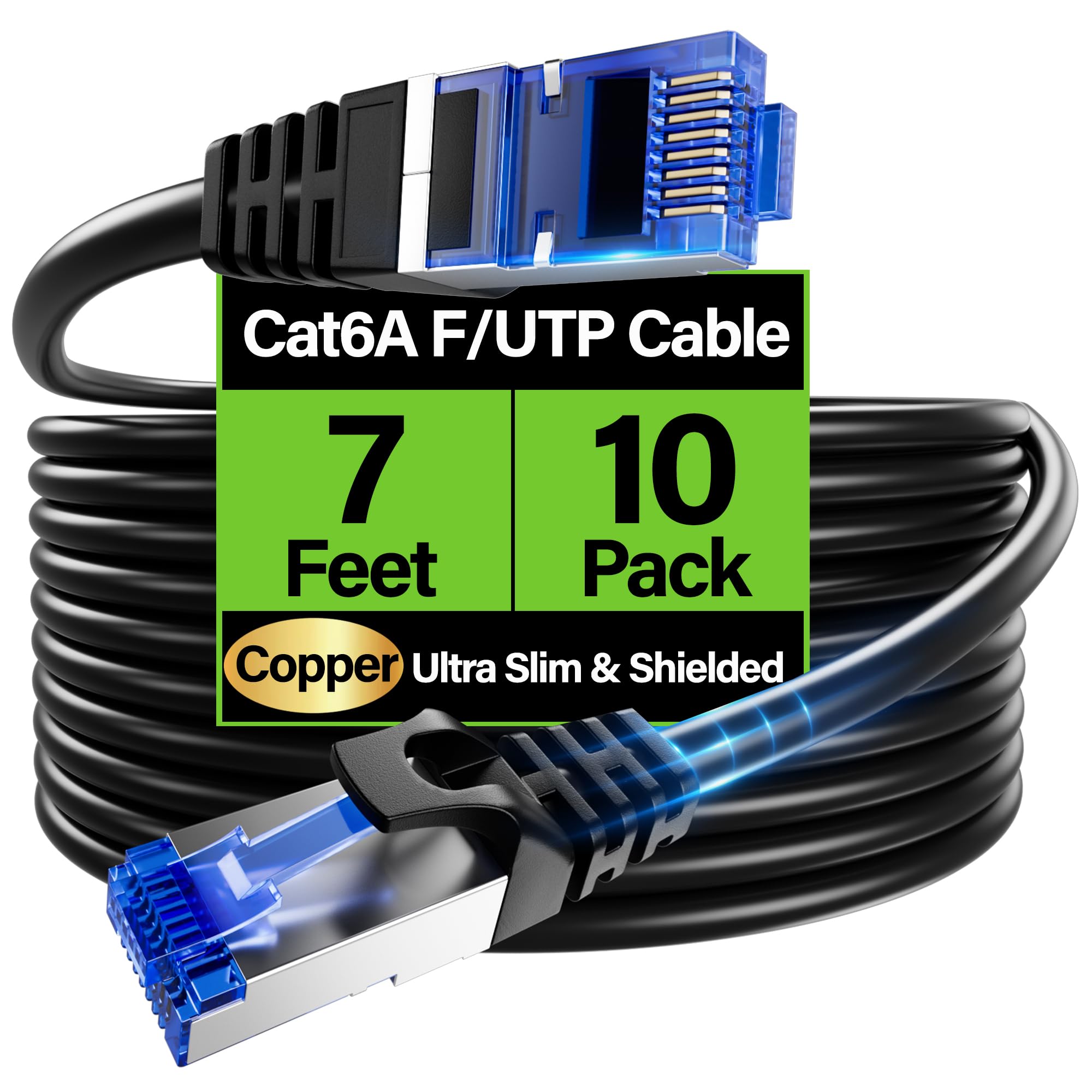 Cavo Ethernet Cat6A schermato, 10 Gbps 2,1 m (confezione da 10), cavo Ethernet schermato sottile (F/UTP) Cat 6, cavo flessibile in rame nudo Cat6 da 28 AWG, cavo di rete salvaspazio Cat 6a per server