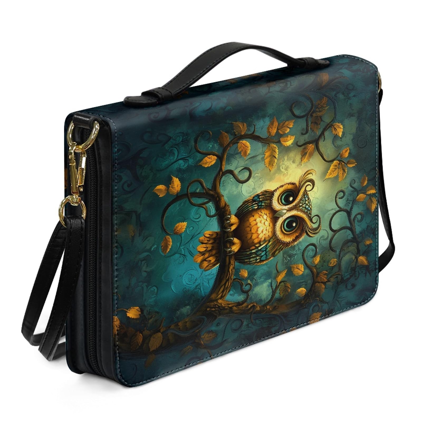 Kuiaobaty Owl Forest Animal Bible Cover Faux Leather Case Book Bag with Pen Slots, Cute Owls Bird Carrying Book Case Gift for Book Lover