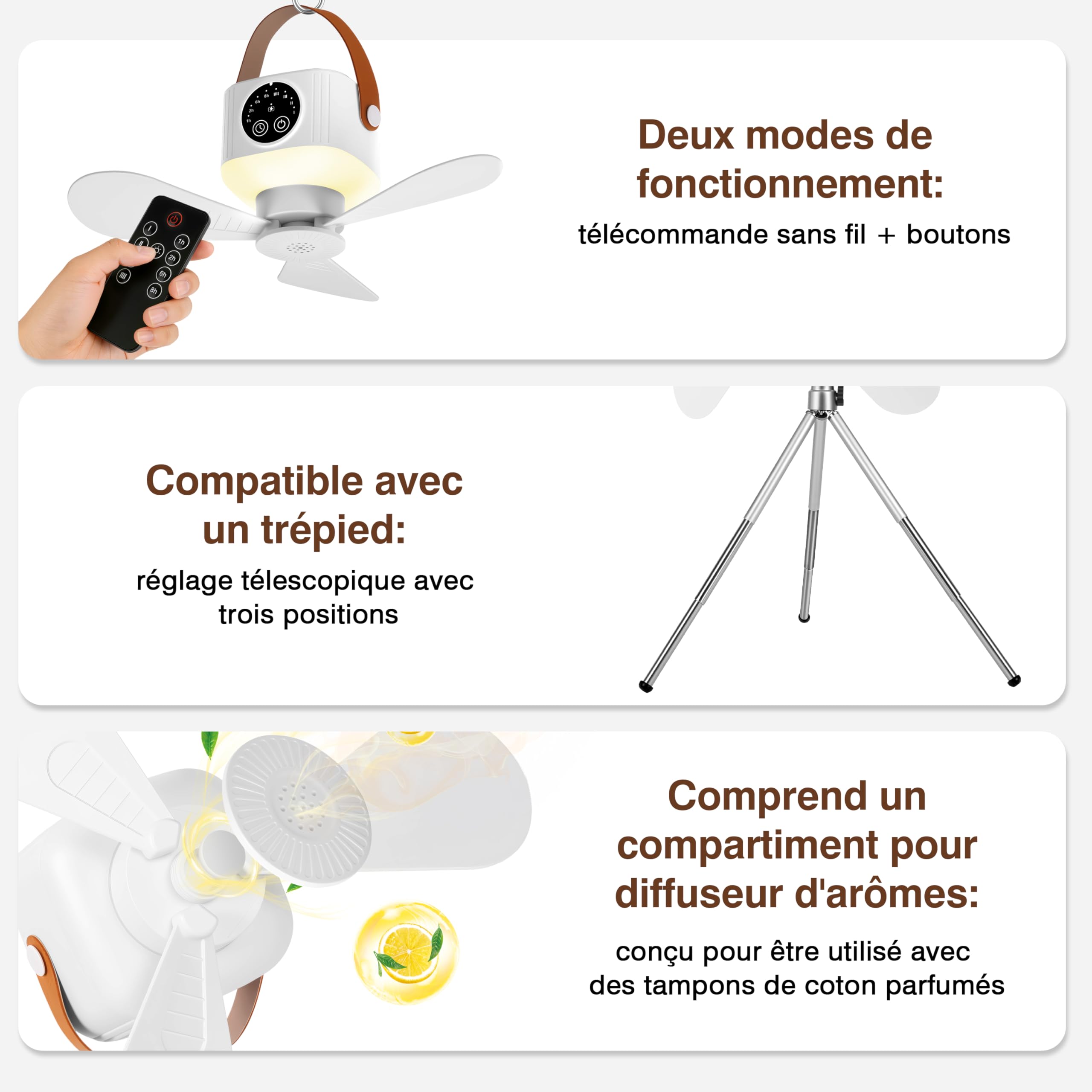 IEEILULU 8000 mAh Ventilateur Plafond Avec Lumiere, L'intérieur Et L'extérieur 35dB Silencieux Ventilateur Portable Rechargeable, Camping 3 in 1 Tischventilator, Ventilateurs De Plafond Et Portable