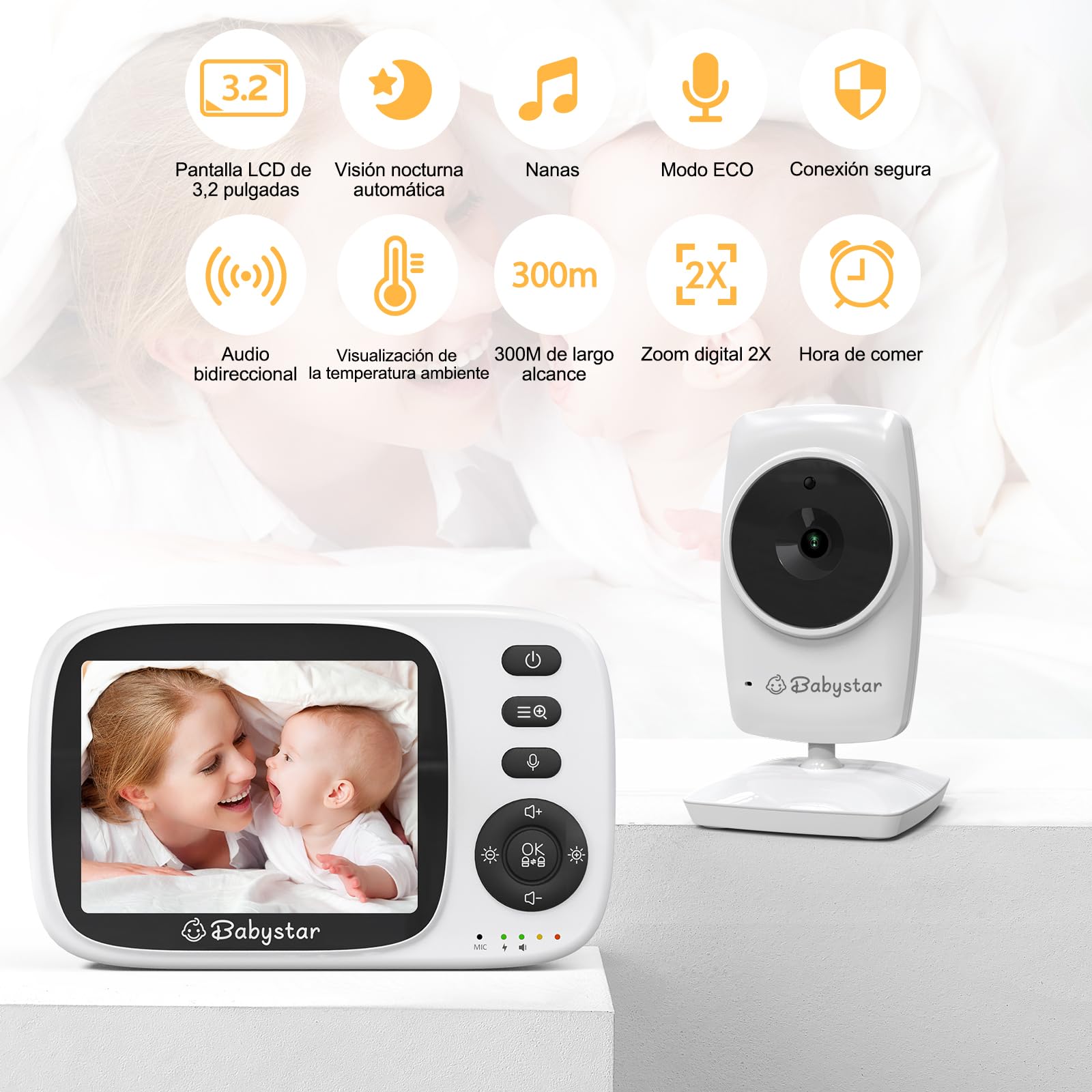 Babystar Vigilabebés con Cámara, Camera Vigilancia Bebe con LCD 3.2",VOX,Zoom 2X,visión Nocturna, lulabies, Monitoreo de Temperatura, sin WiFi,Comunicación Bidirecciona Escucha Bebes